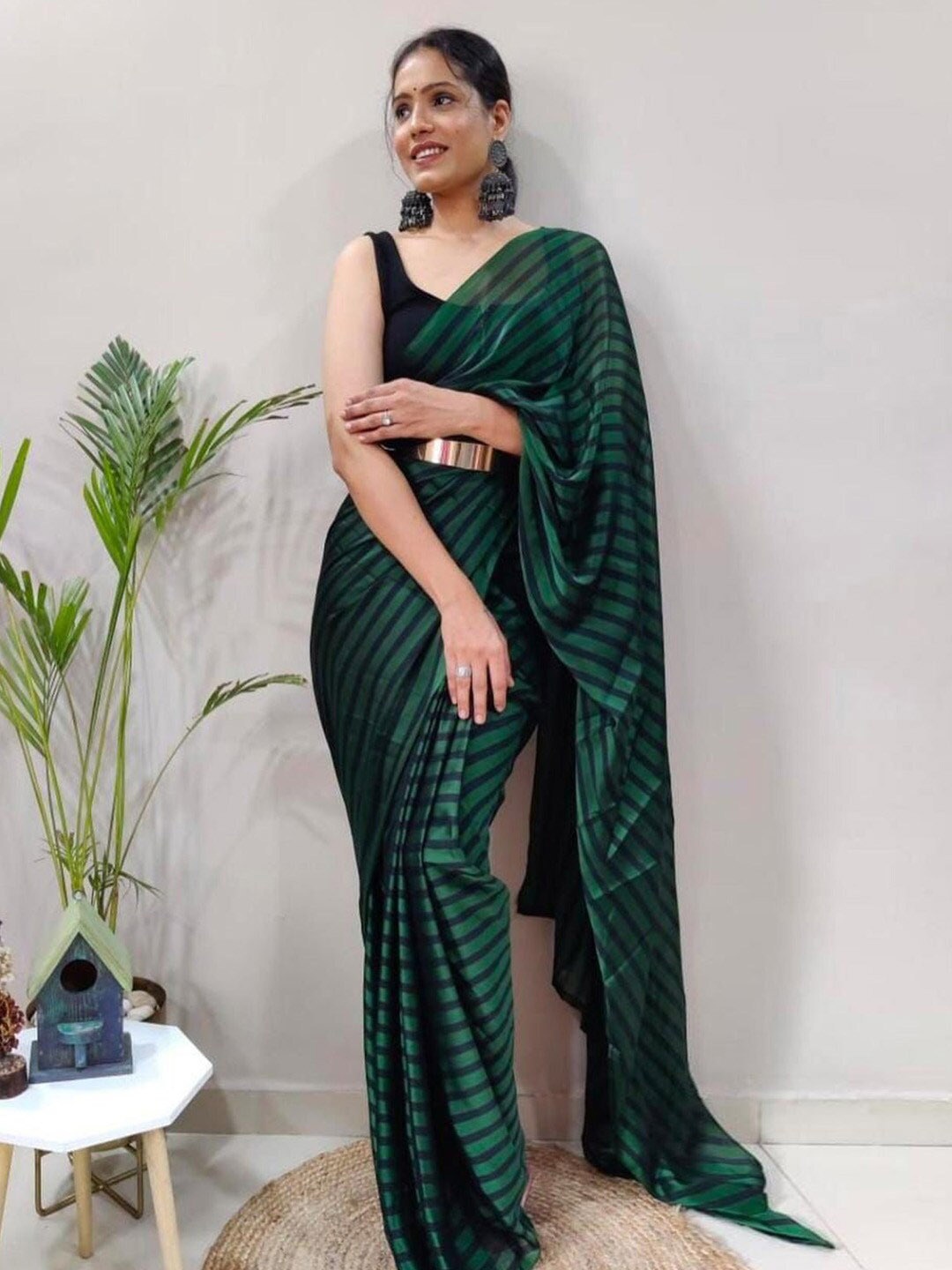 

KALINI Striped Pure Georgette Ready to Wear Saree, Green