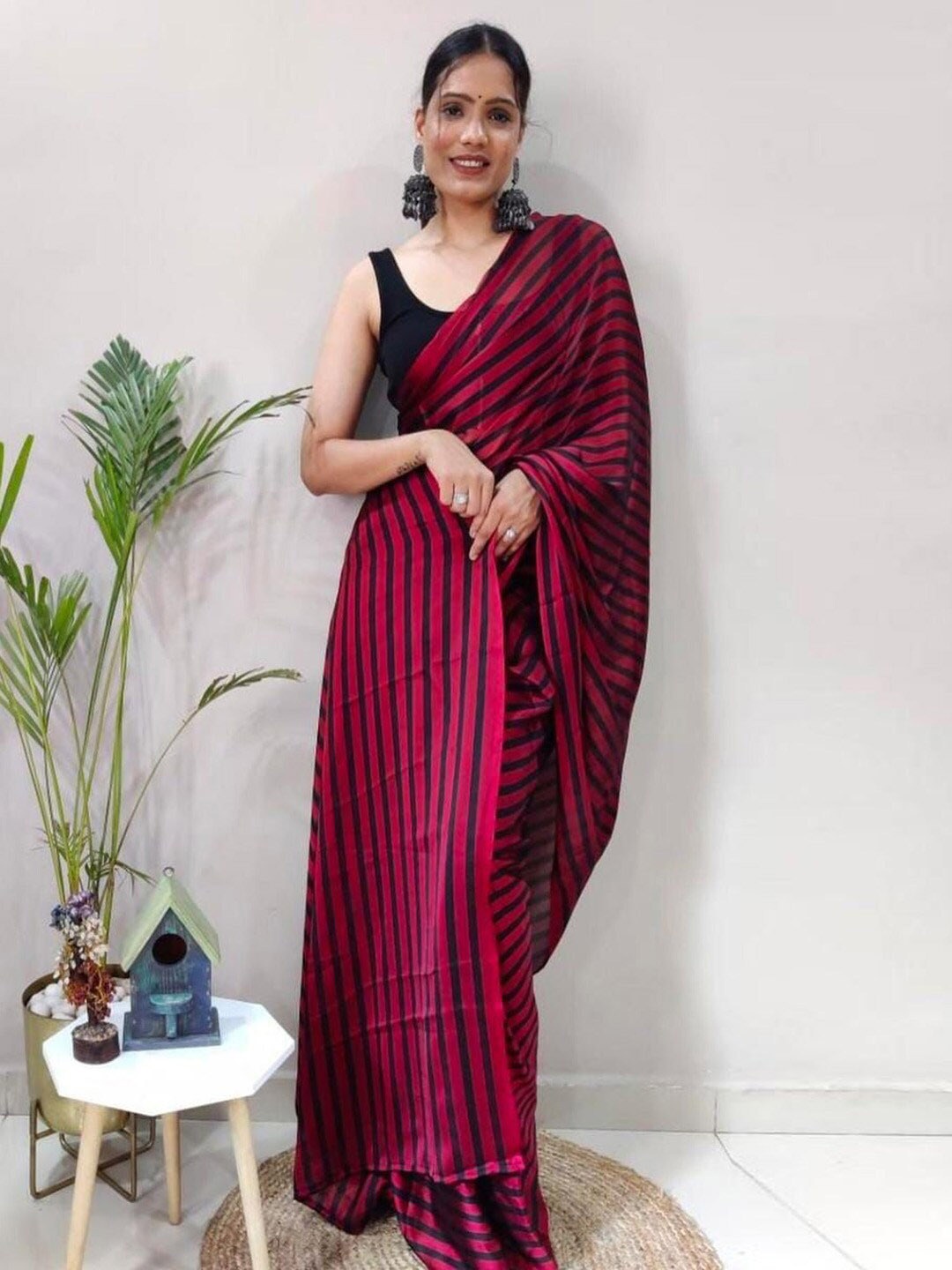 

KALINI Striped Pure Georgette Ready to Wear Wear Saree, Pink