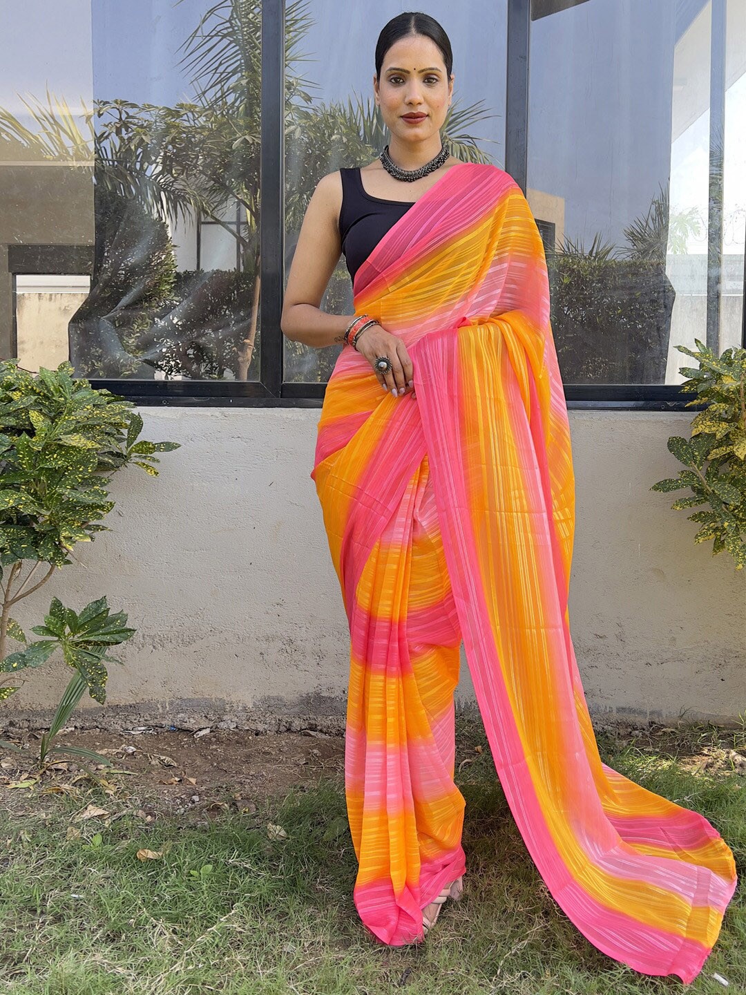 

KALINI Striped Pure Georgette Ready to Wear Saree, Yellow