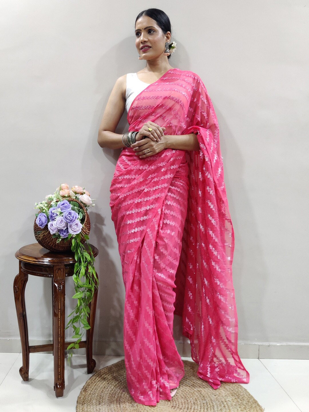 

KALINI Striped Poly Georgette Ready to Wear Saree, Pink