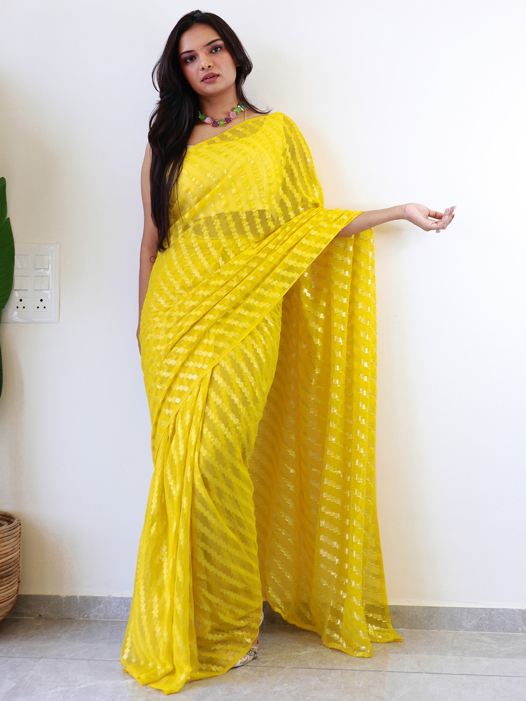 

KALINI Striped Pure Georgette Ready to Wear Saree, Yellow