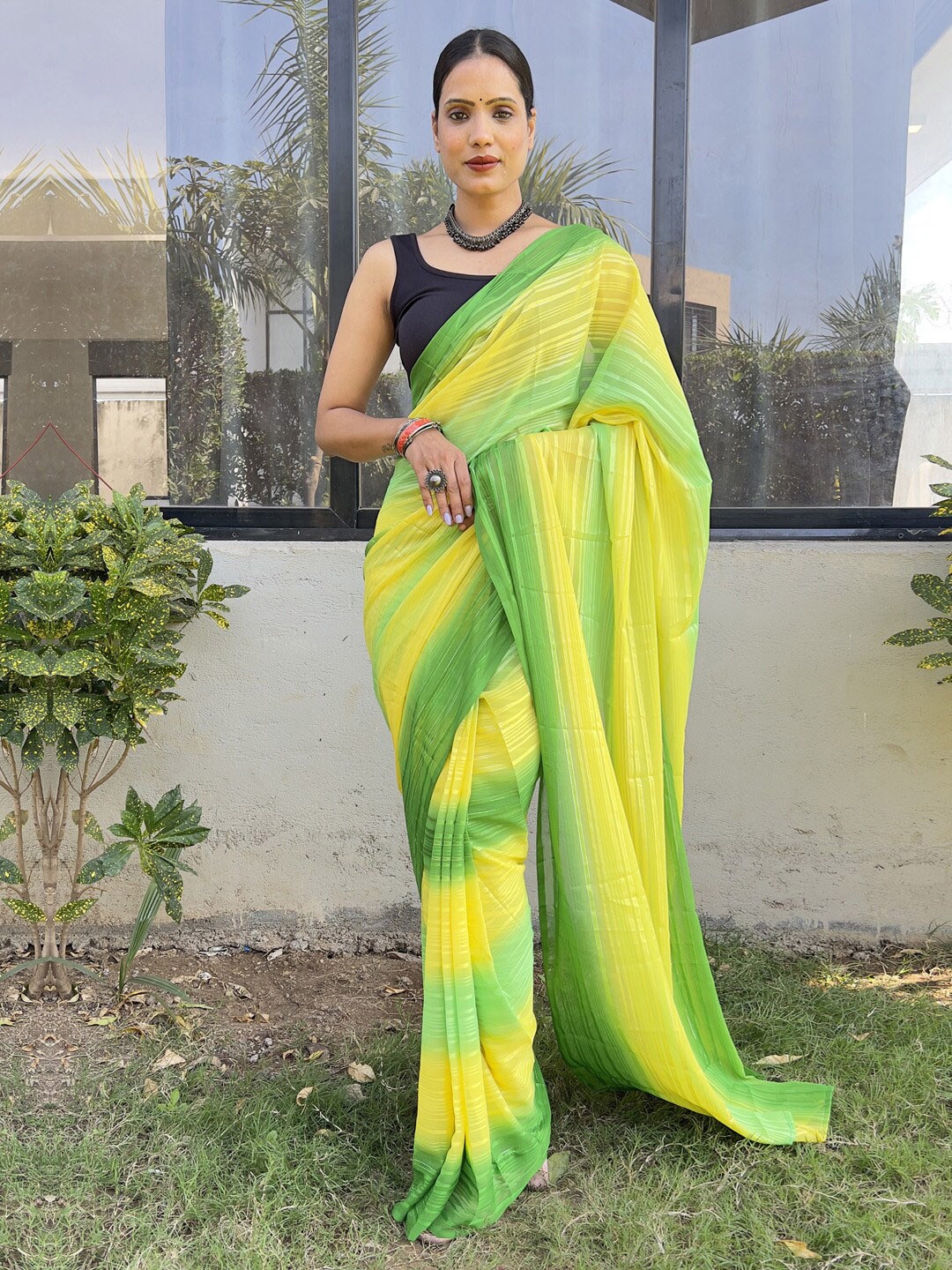 

KALINI Striped Pure Georgette Ready to Wear Saree, Yellow