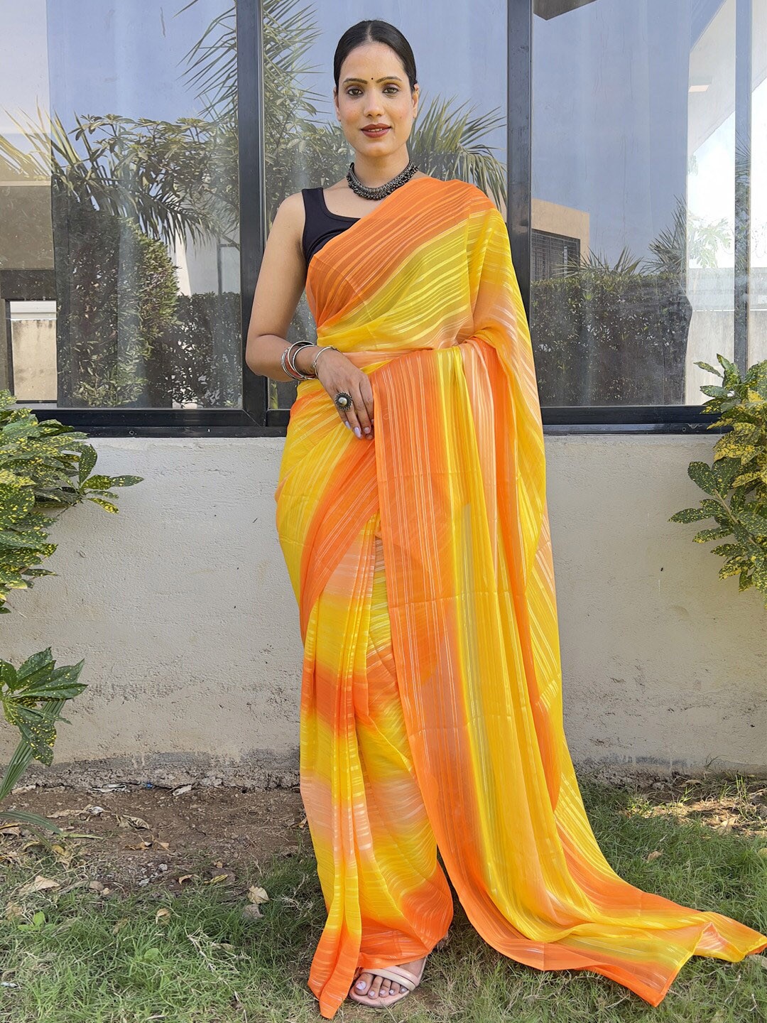 

KALINI Striped Poly Georgette Ready to Wear Saree, Yellow