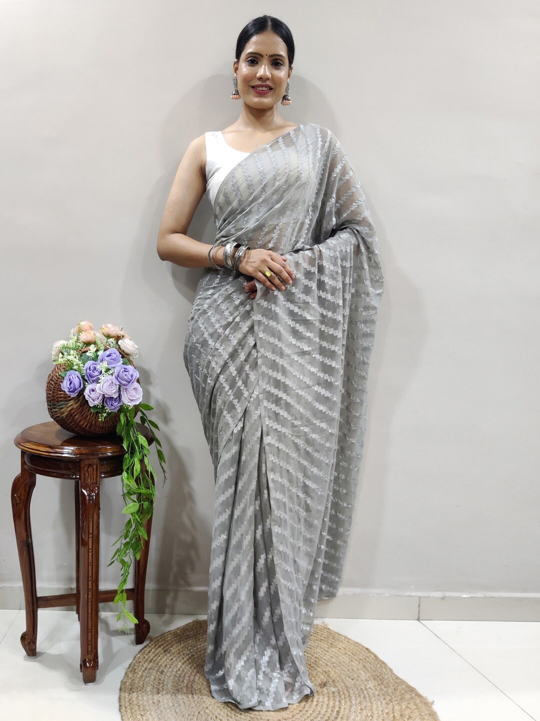 

KALINI Striped Poly Georgette Ready to Wear Saree, Grey