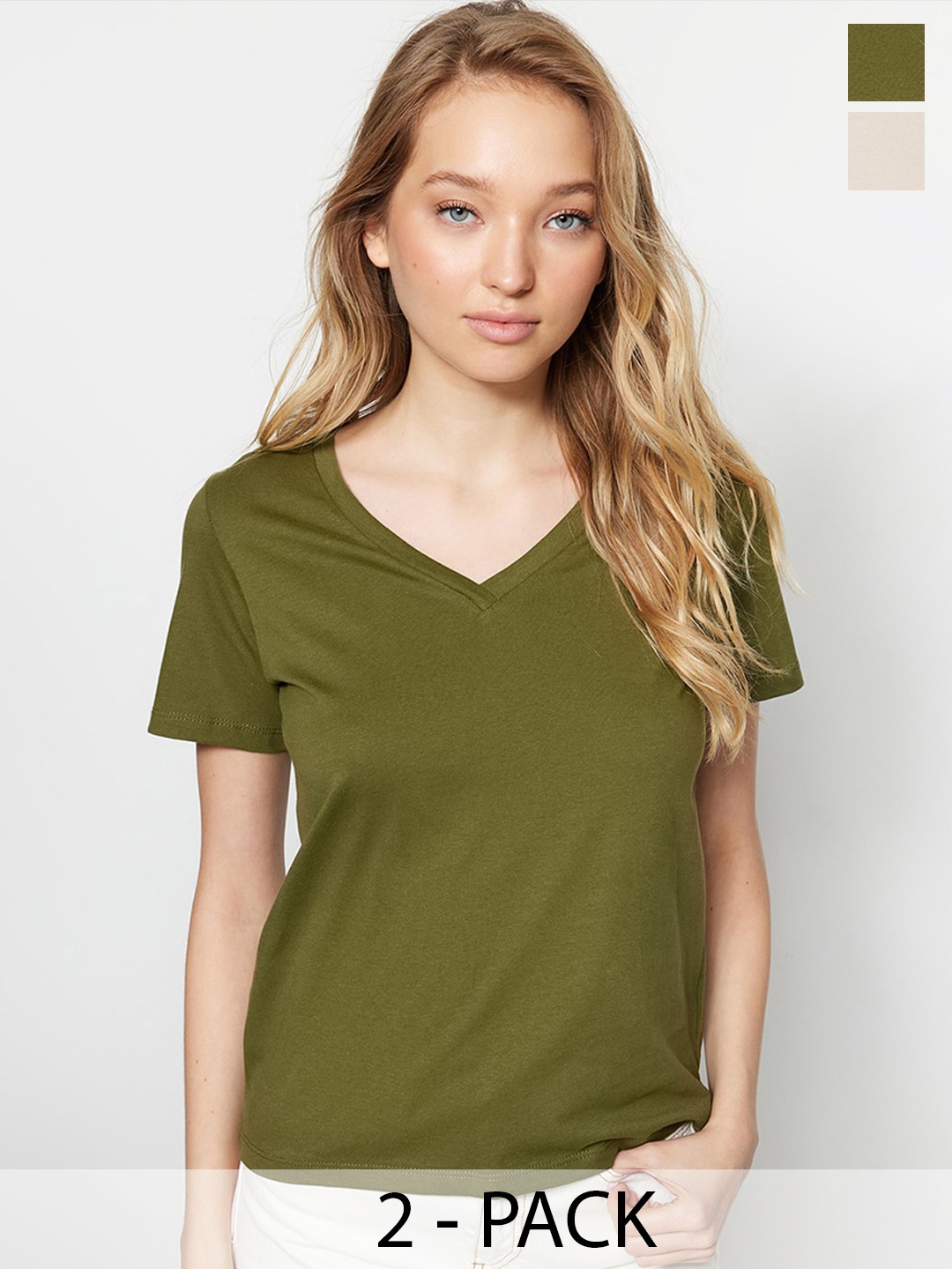 

Trendyol Pack of 2 V Neck Short Sleeves Cotton Casual T-shirt, Green