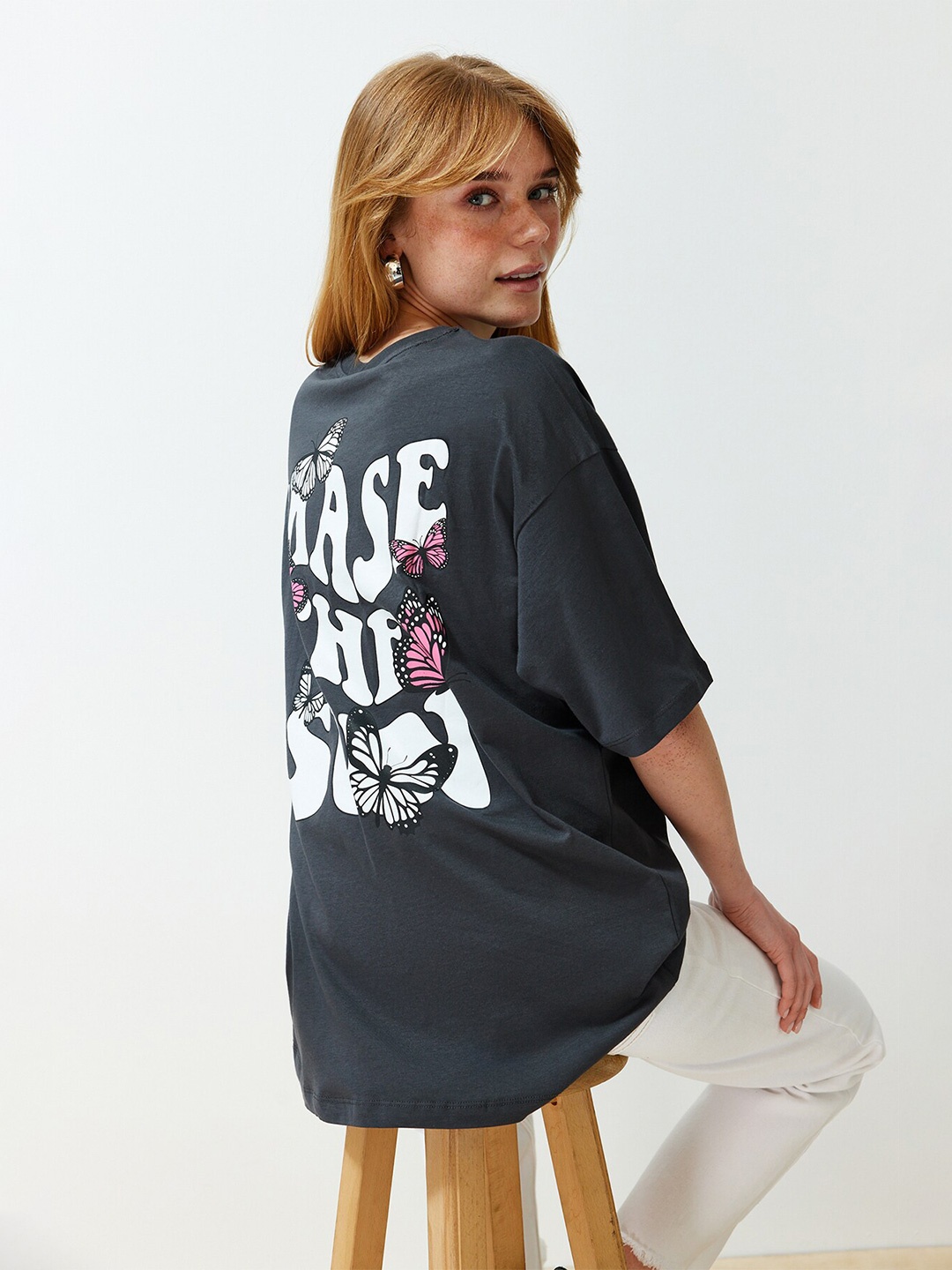 Trendyol Round Neck Typography Printed Cotton T-shirt, Black