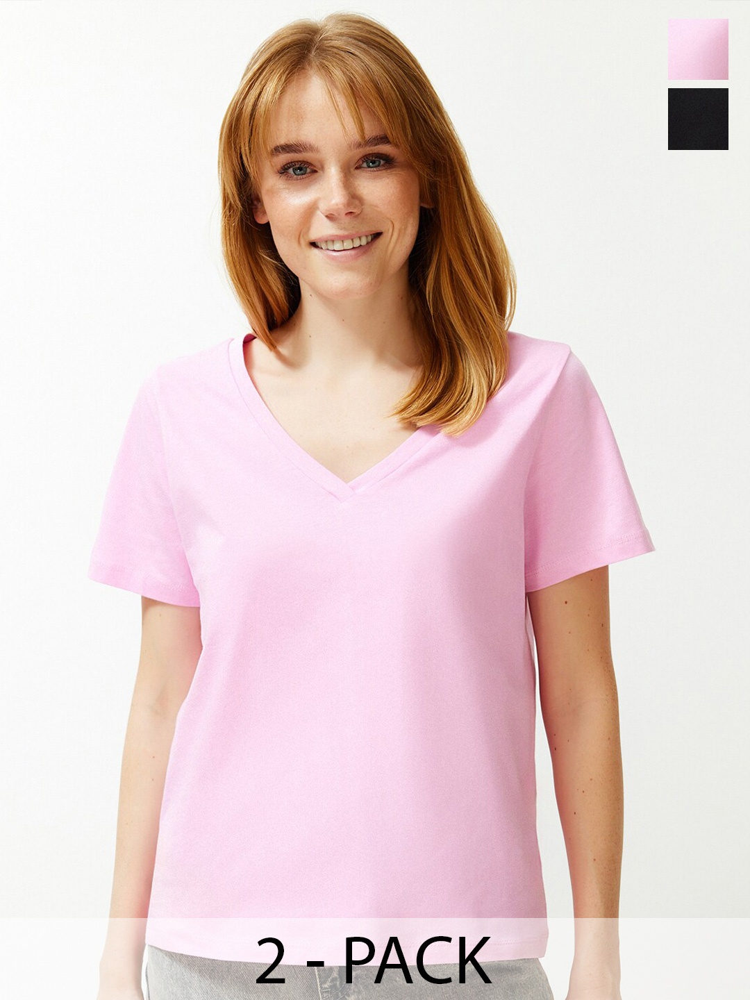 

Trendyol Pack of 2 V-Neck Short Sleeves Cotton T-shirt, Purple