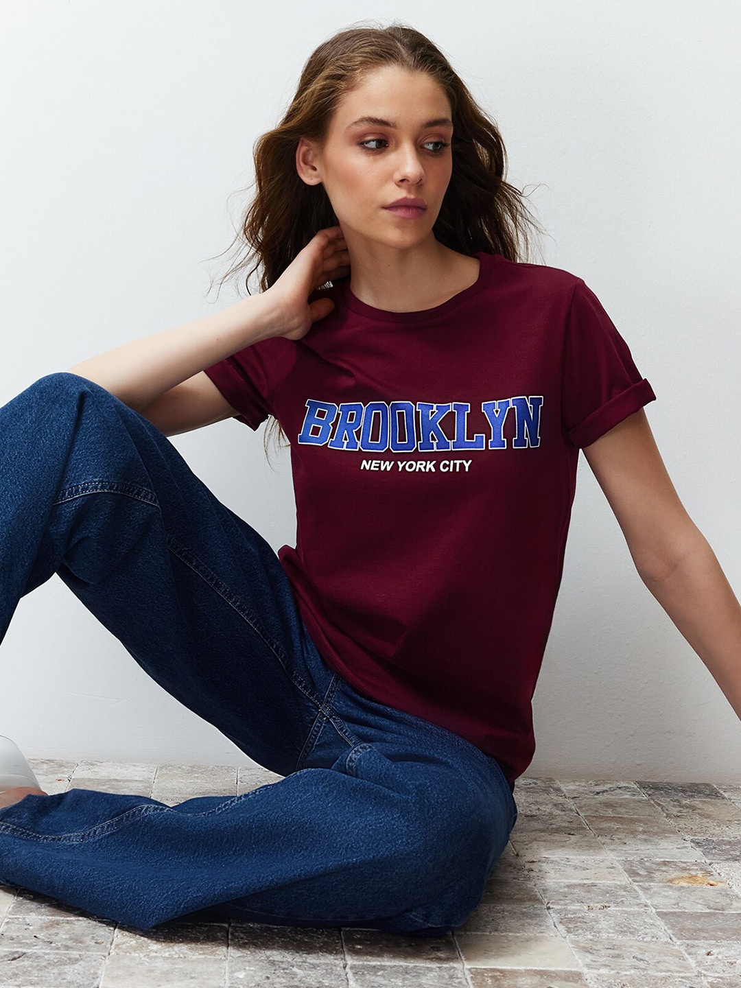 

Trendyol Typography Printed Cotton T-shirt, Maroon