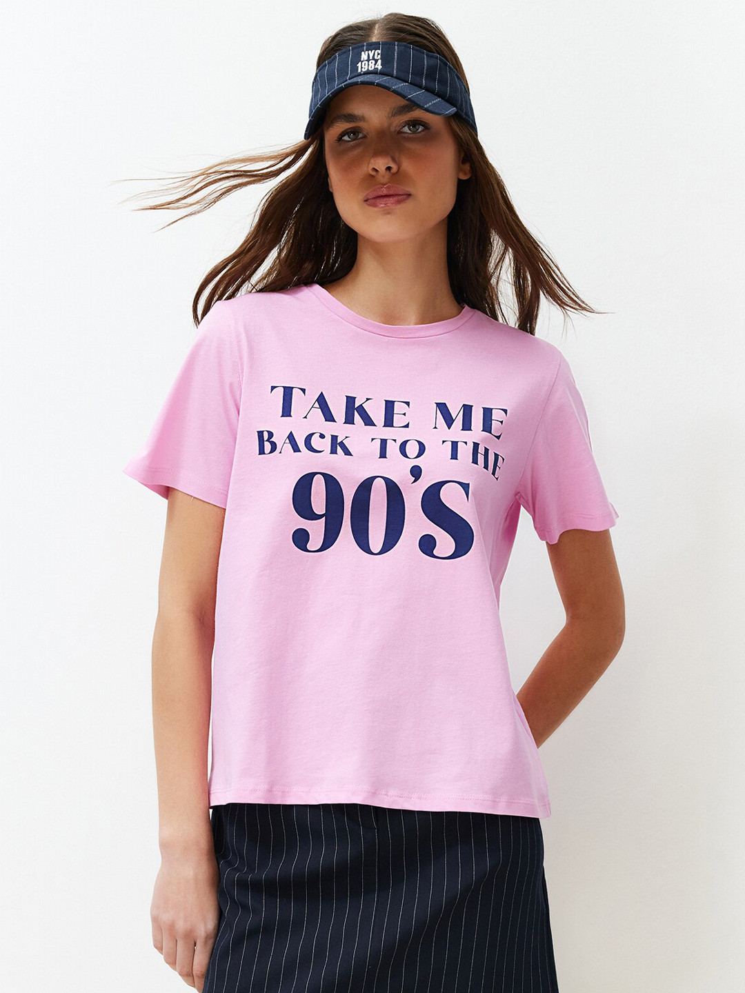 

Trendyol Typography Printed Regular Fit Short Sleeves Round Neck Cotton T-shirt, Pink