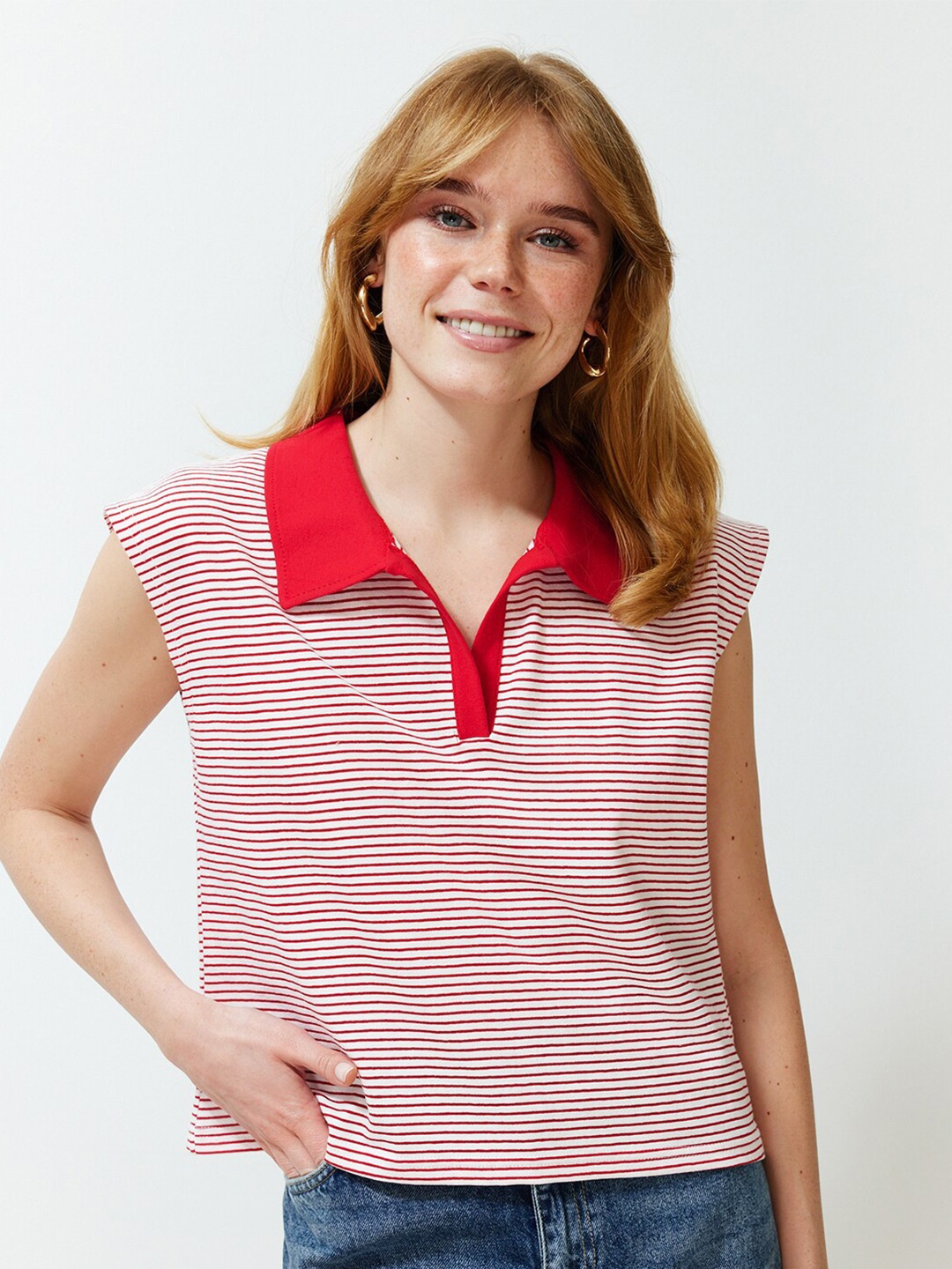 

Trendyol Striped Polo Collar Extended Sleeves Pockets T-shirt, Green