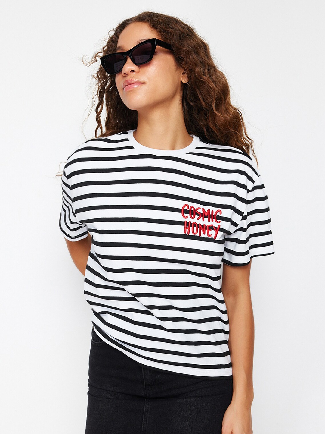 

Trendyol Horizontal Striped Round Neck Cotton T-shirt, White