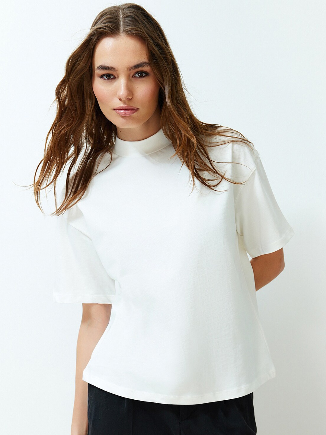 

Trendyol High Neck Drop-Shoulder Sleeves Cotton Casual T-shirt, White