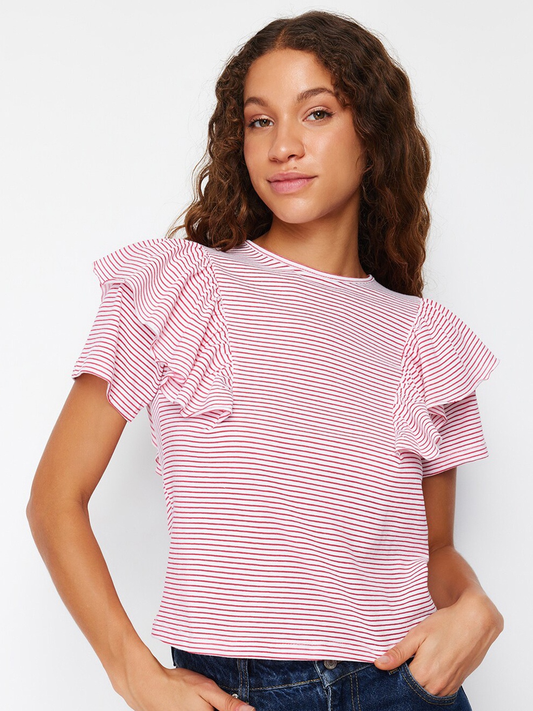 

Trendyol Round Neck Striped Short Sleeves Cotton T-shirt, White