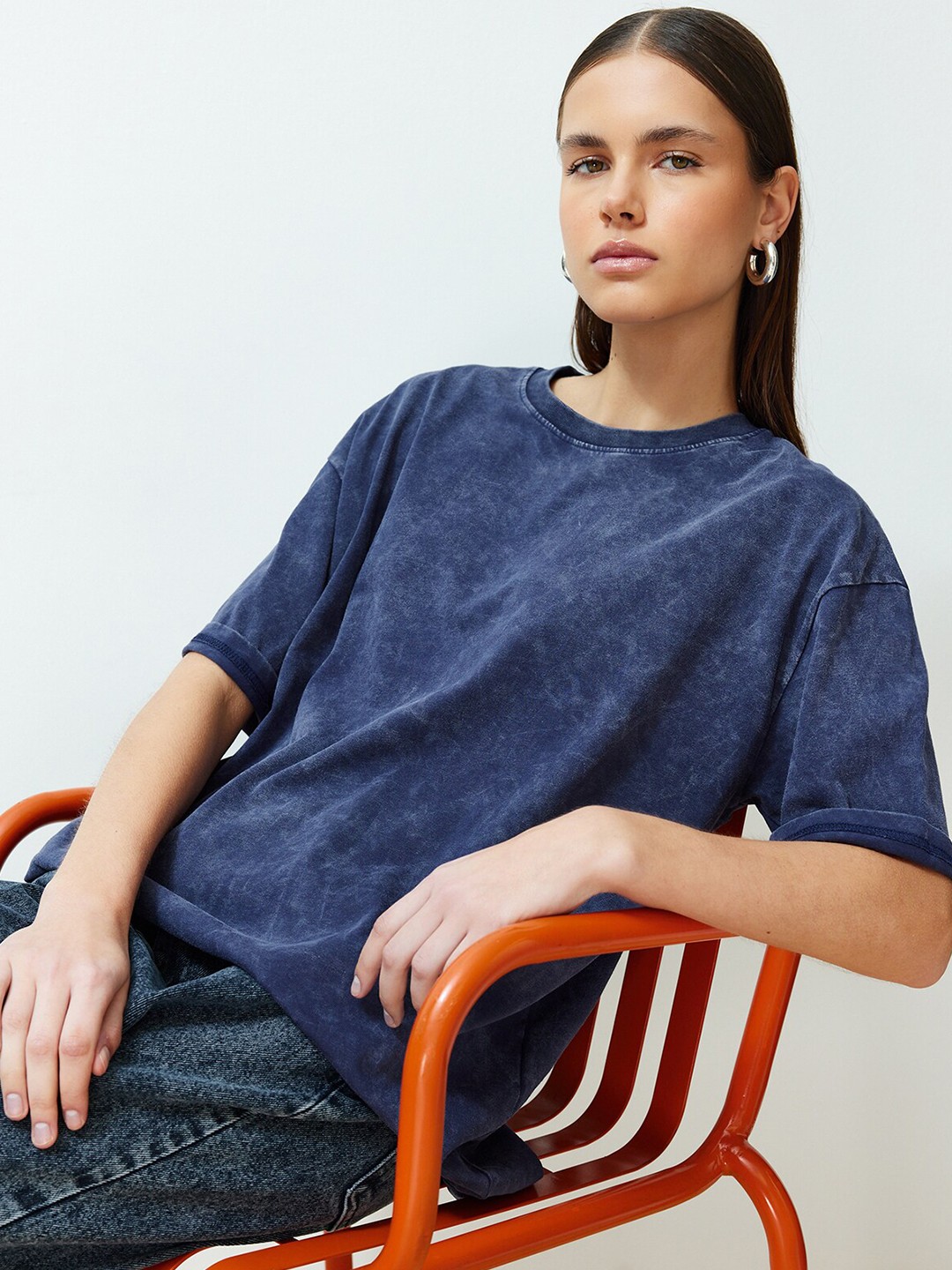 

Trendyol Round Neck Drop-Shoulder Sleeves Regular T-shirt, Blue
