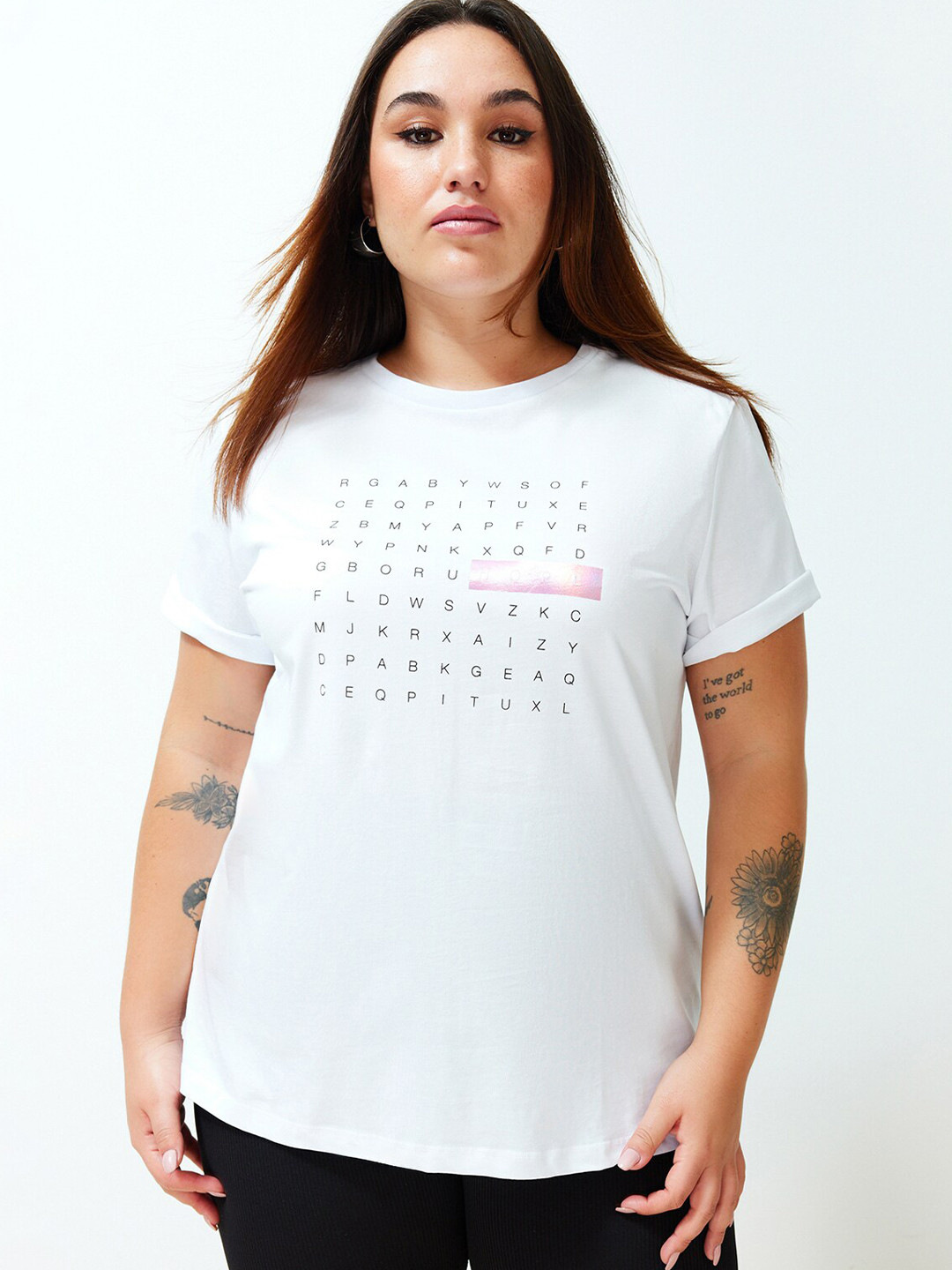 

Trendyol Round Neck Short Sleeves Typography Printed Regular Fit Cotton Plus Size T-shirt, Na