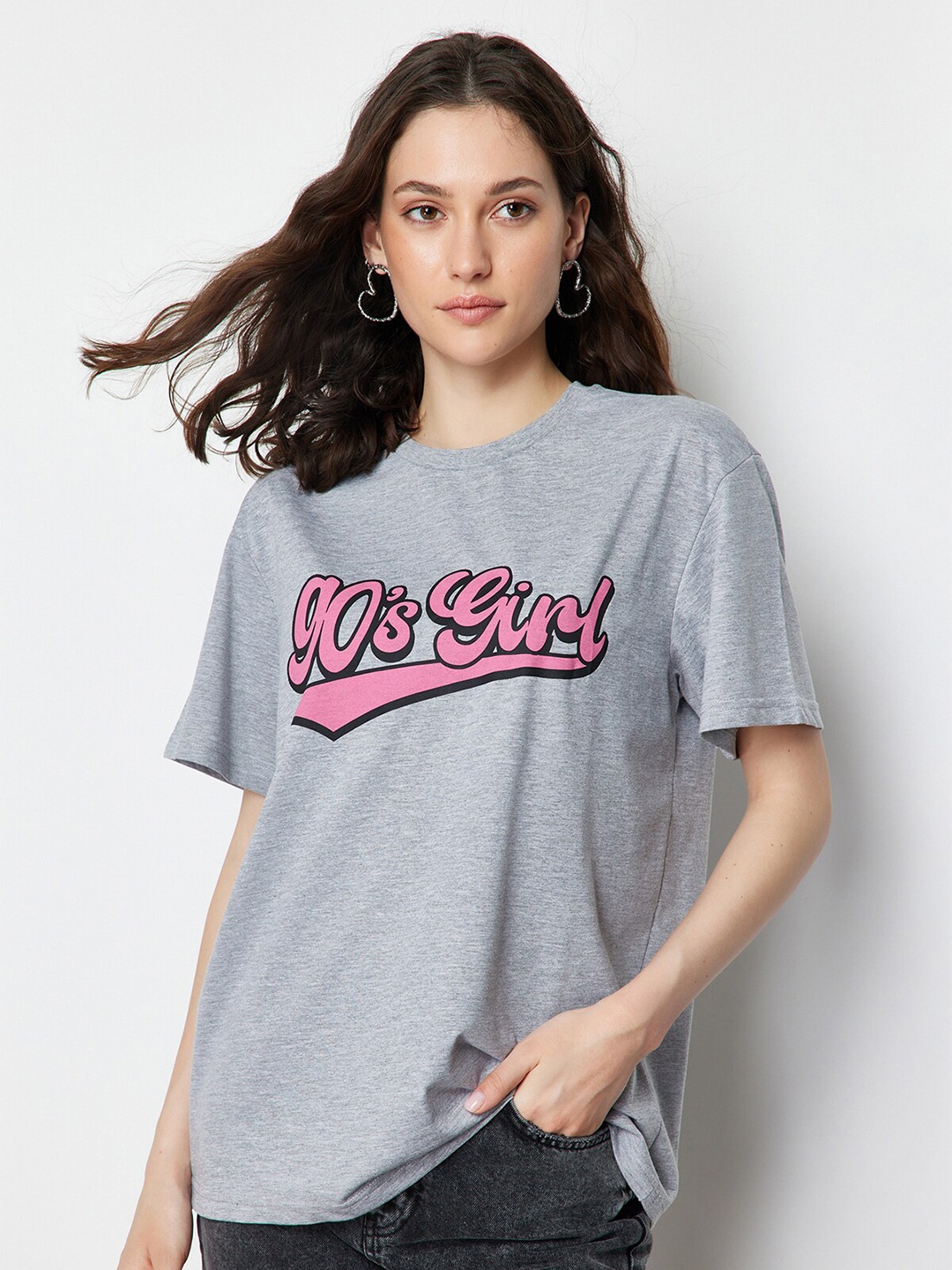 

Trendyol Typography Printed Round Neck Drop Shoulder Pure Cotton T-shirt, Grey