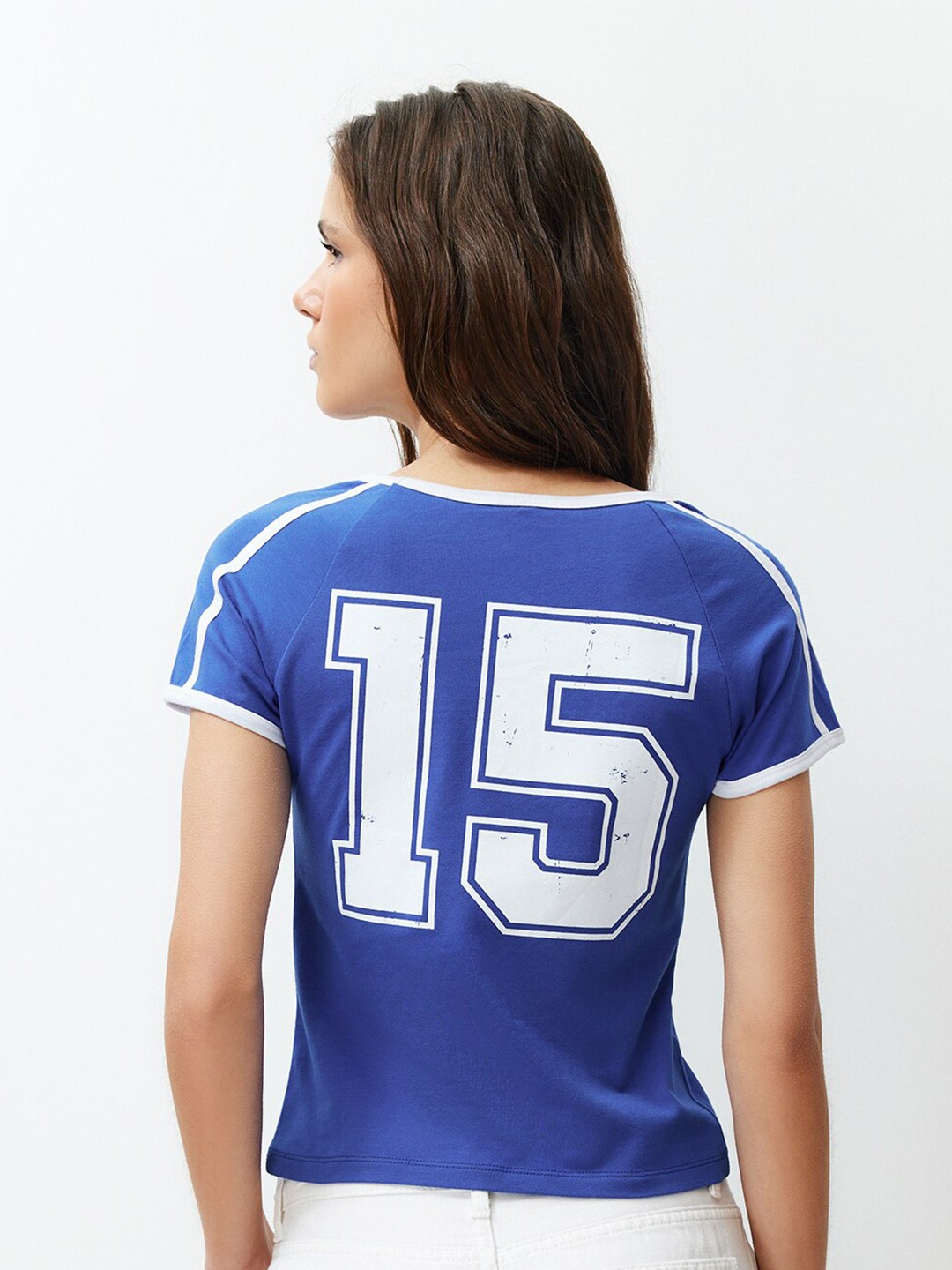 

Trendyol Round Neck Typography Printed Cotton T-shirt, Blue