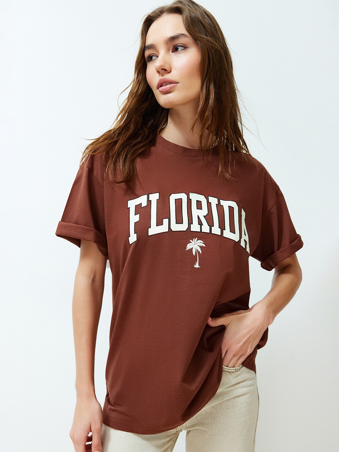 

Trendyol Round Neck Typography Printed Cotton T-shirt, Brown