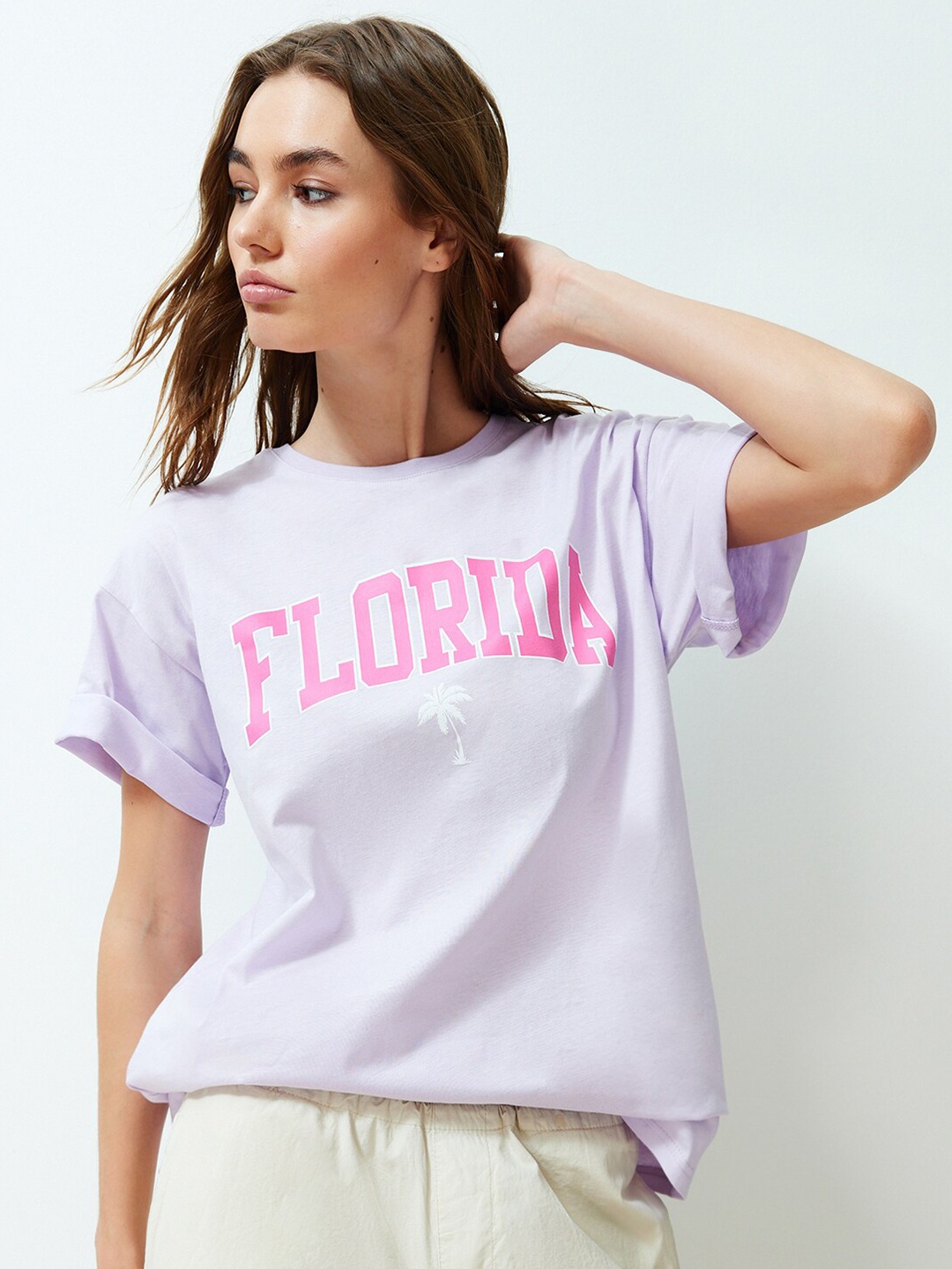 

Trendyol Round Neck Typography Printed Extended Sleeves Cotton T-shirt, Purple