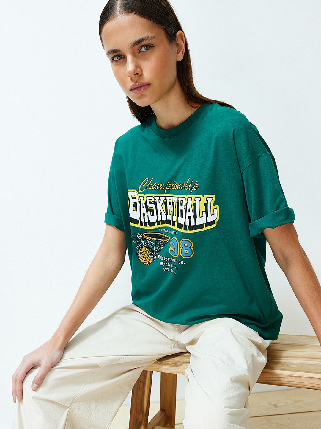 

Trendyol Round Neck Typography Printed T-shirt, Green