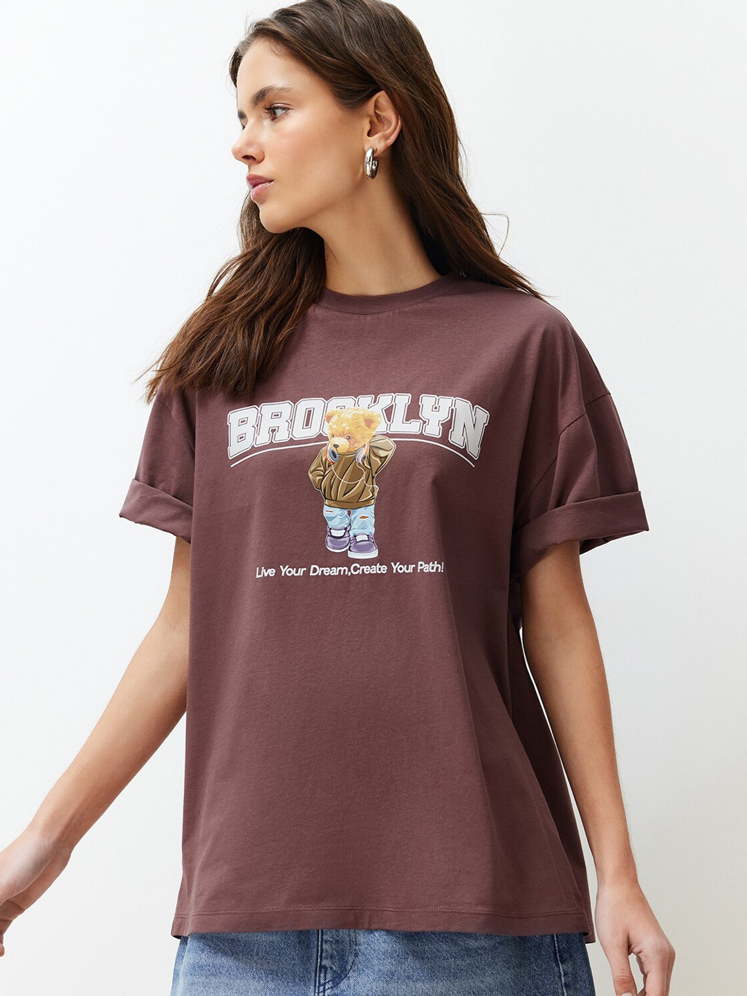 

Trendyol Round Neck Typography Printed cotton T-shirt, Brown