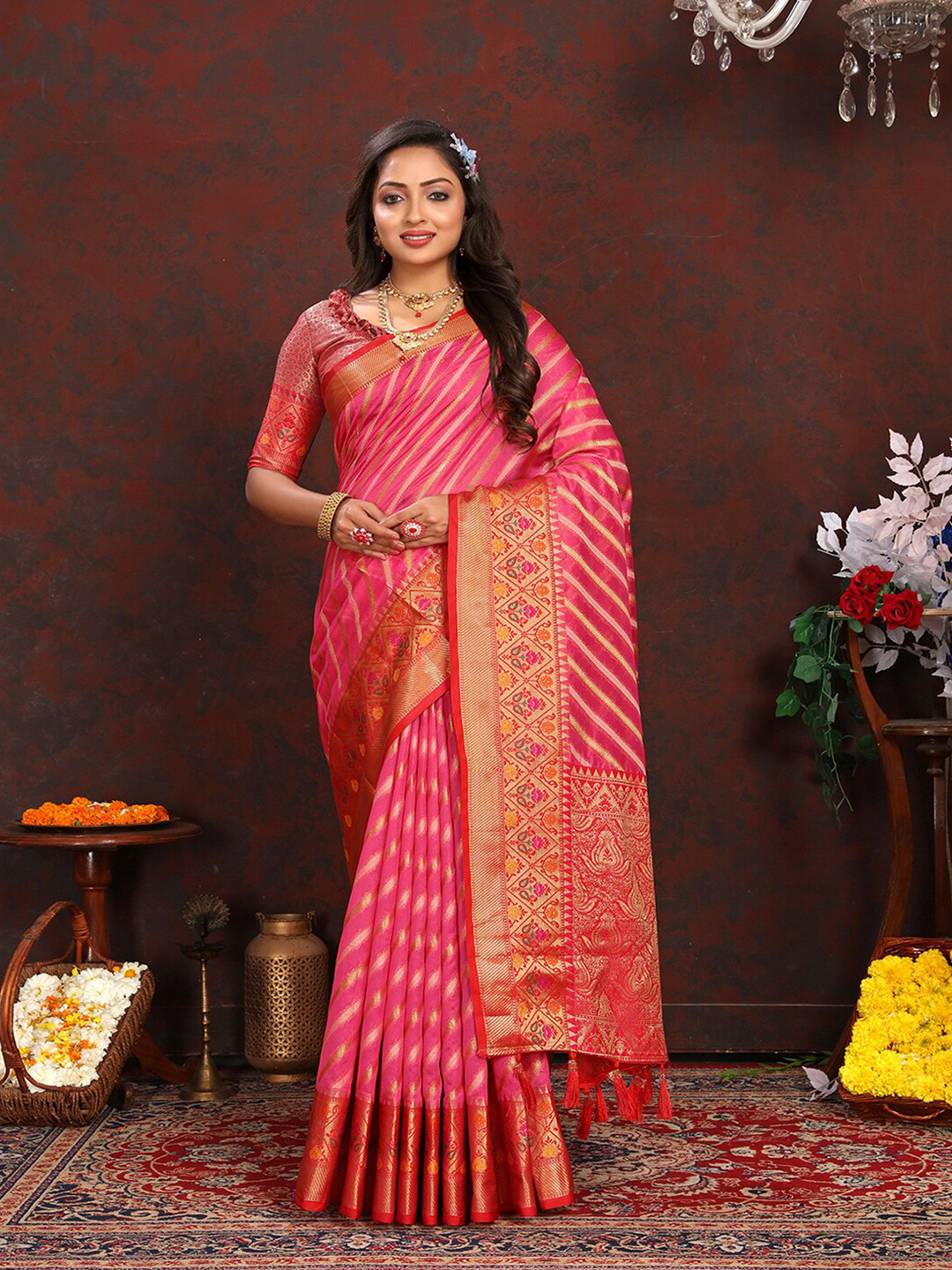 

MARGI DESIGNERS Ethnic Motifs Woven Design Zari Organza Banarasi Saree, Pink