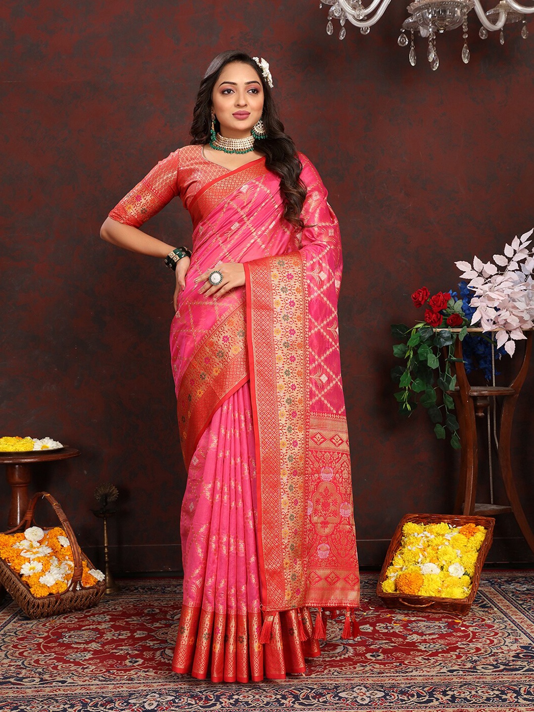 

MARGI DESIGNERS Woven Design Banarasi Zari Saree, Pink