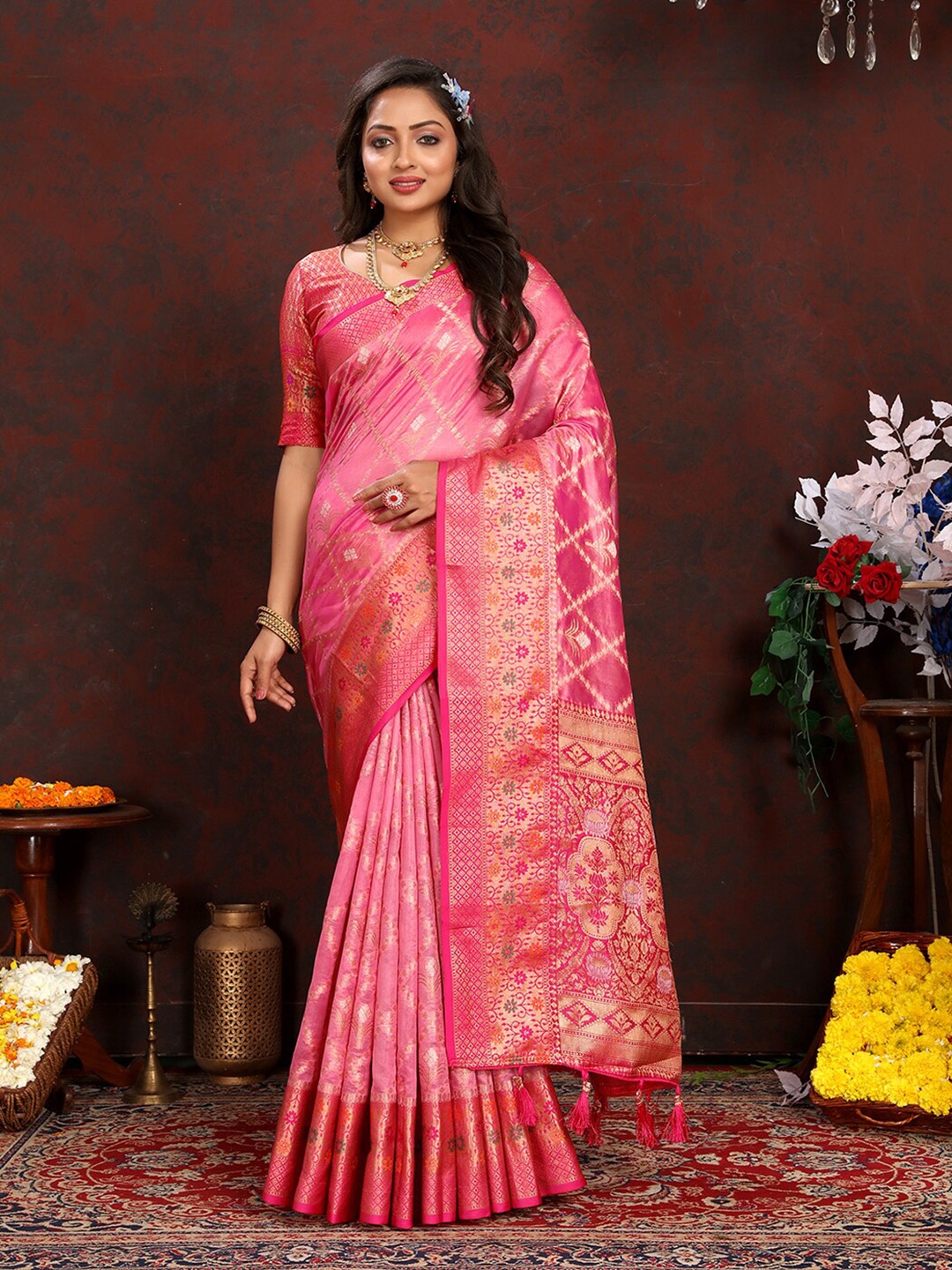 

MARGI DESIGNERS Ethnic Motifs Woven Design Zari Organza Banarasi Saree, Pink