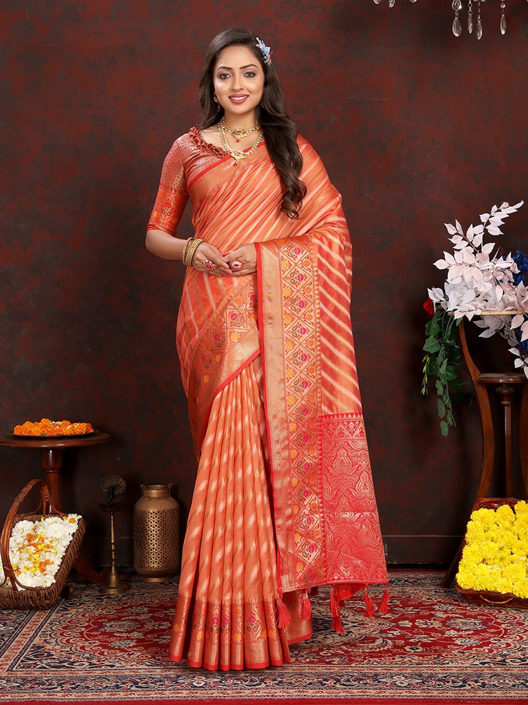 

MARGI DESIGNERS Striped Woven Design Zari Organza Banarasi Saree, Orange