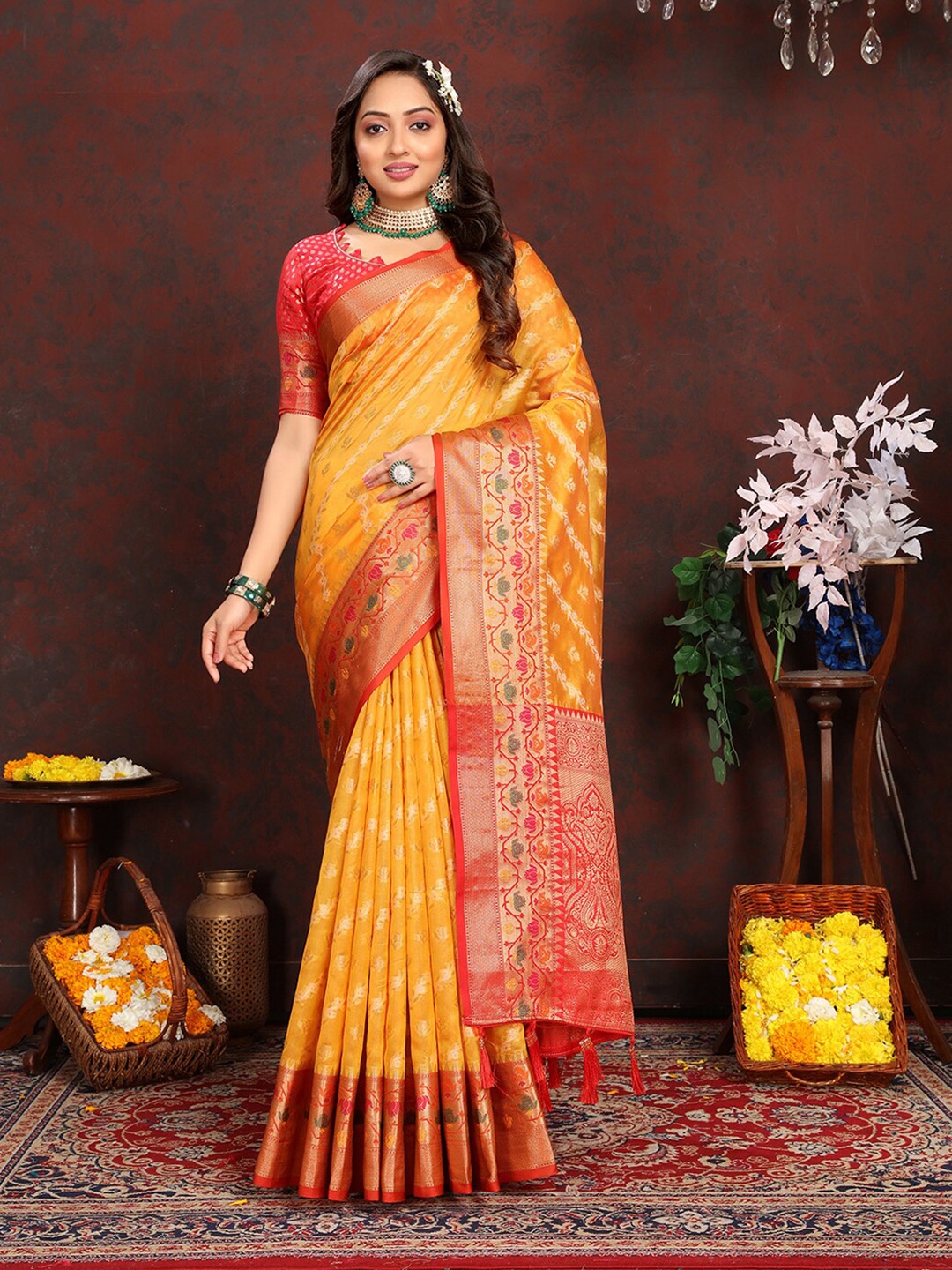 MARGI DESIGNERS Ethnic Motifs Woven Design Zari Organza Banarasi Saree, Yellow
