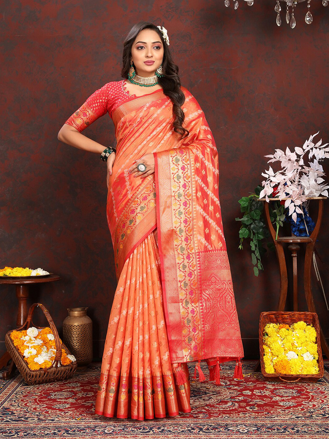

MARGI DESIGNERS Ethnic Motifs Woven Design Zari Organza Banarasi Saree, Orange