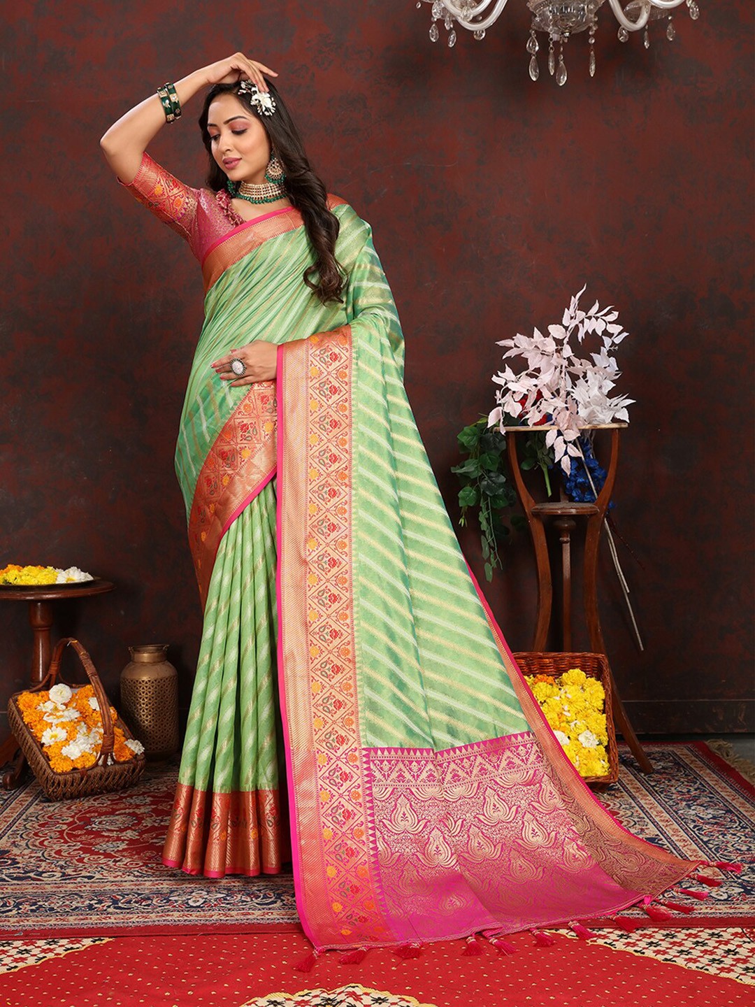 

MARGI DESIGNERS Striped Woven Design Zari Organza Banarasi Saree, Green