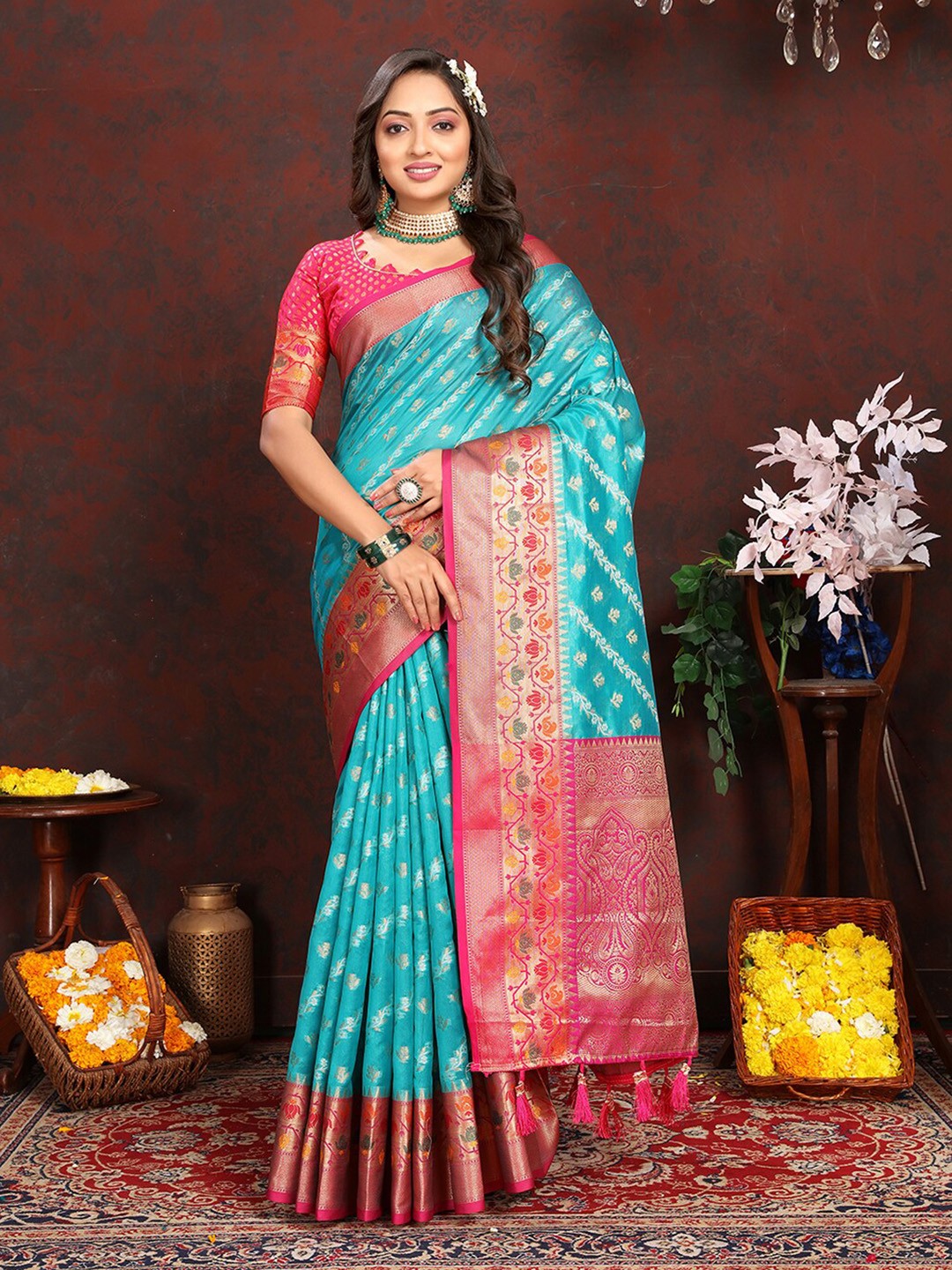 

MARGI DESIGNERS Woven Design Banarasi Zari Saree, Turquoise blue