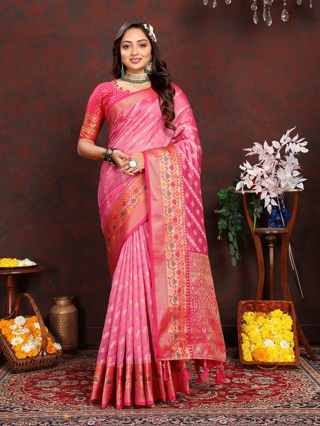

MARGI DESIGNERS Ethnic Motifs Woven Design Zari Organza Banarasi Saree, Pink