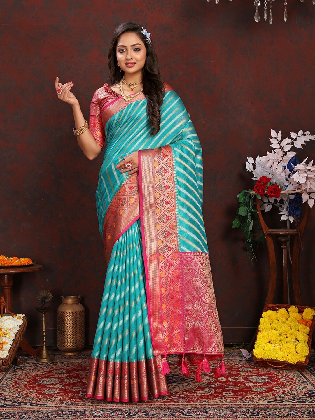

MARGI DESIGNERS Striped Woven Design Zari Organza Banarasi Saree, Turquoise blue