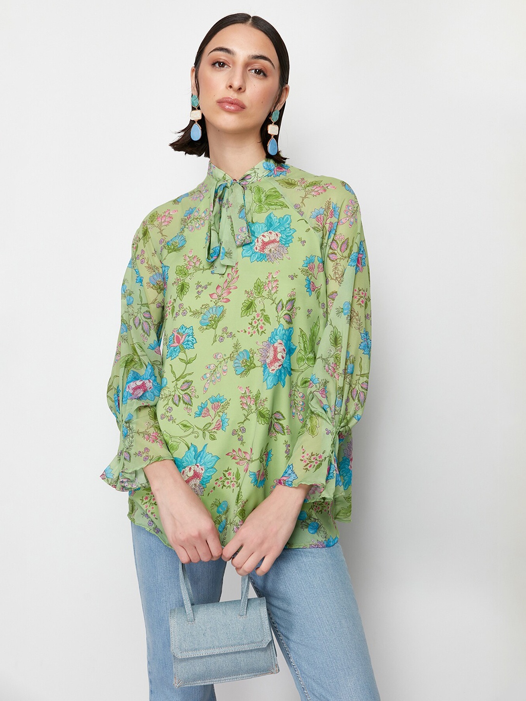 

Trendyol Floral Printed Tie-Up Neck Tunic, Green