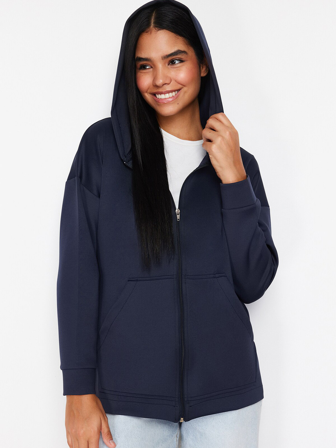 

Trendyol Hooded Long Sleeves Front-Open Sweatshirt, Navy blue