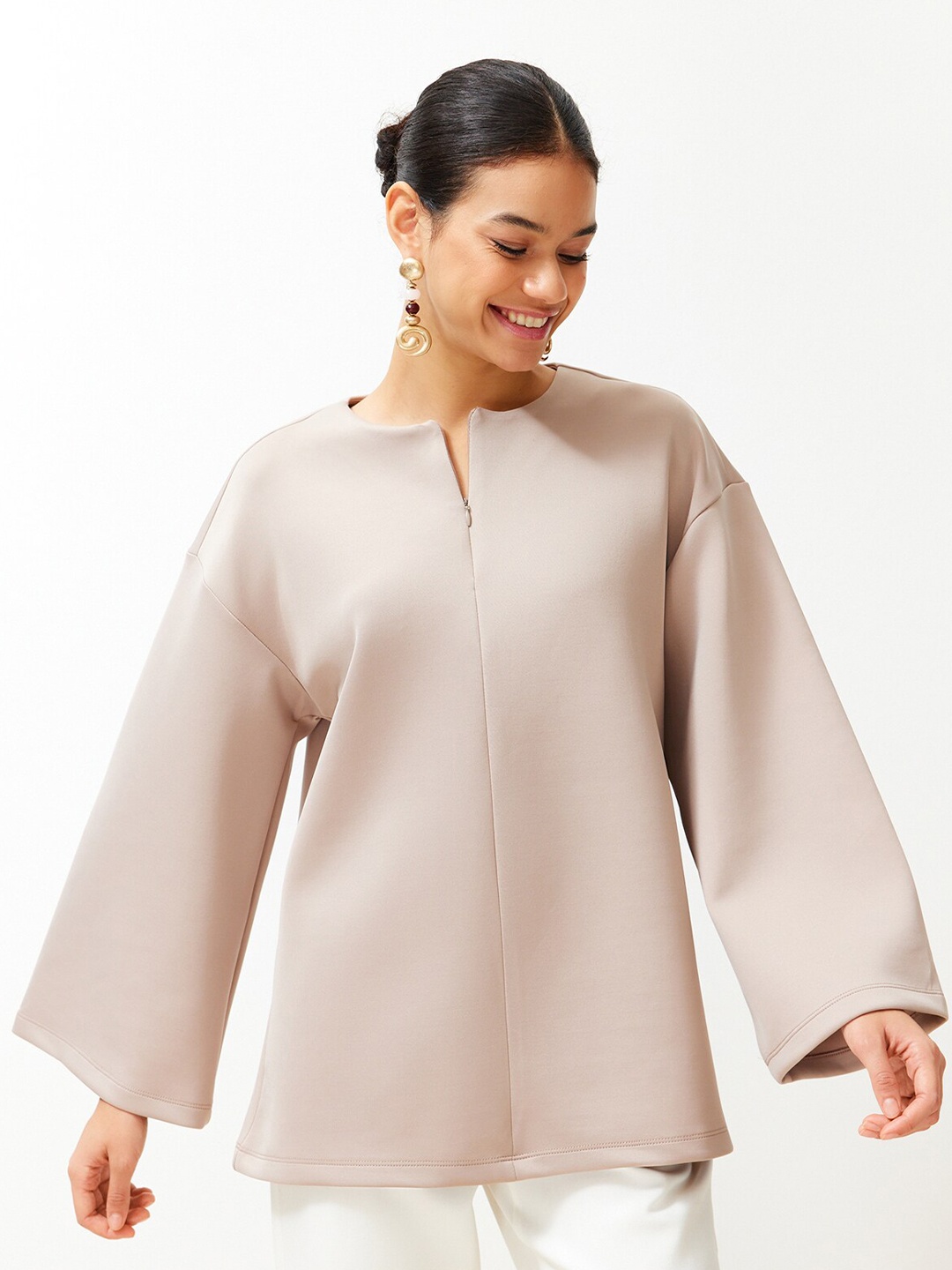 

Trendyol Round Neck Flared Sleeves Tunic, Beige