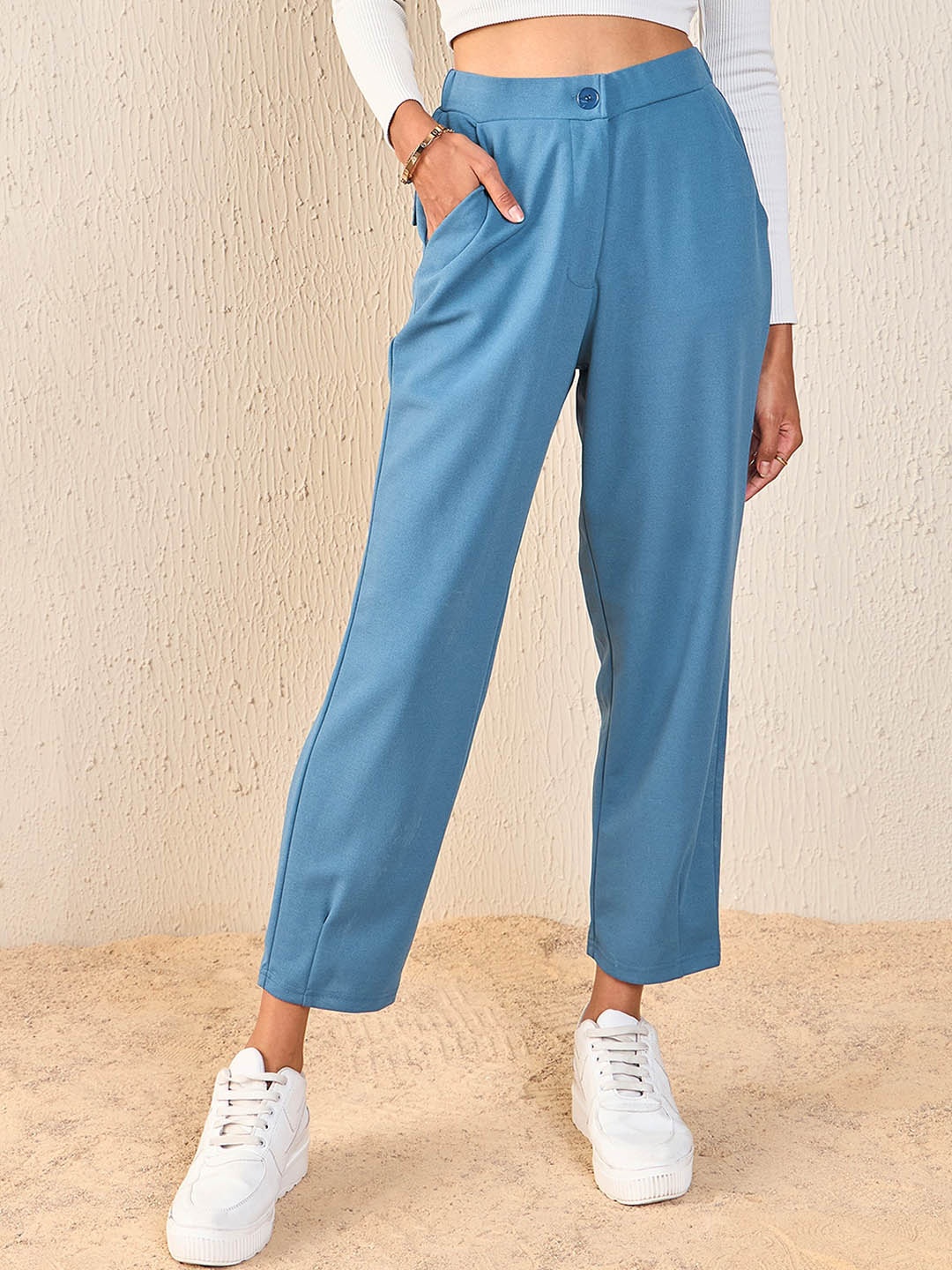 

SASSAFRAS Women Blue Tapered Fit High-Rise Peg Trousers