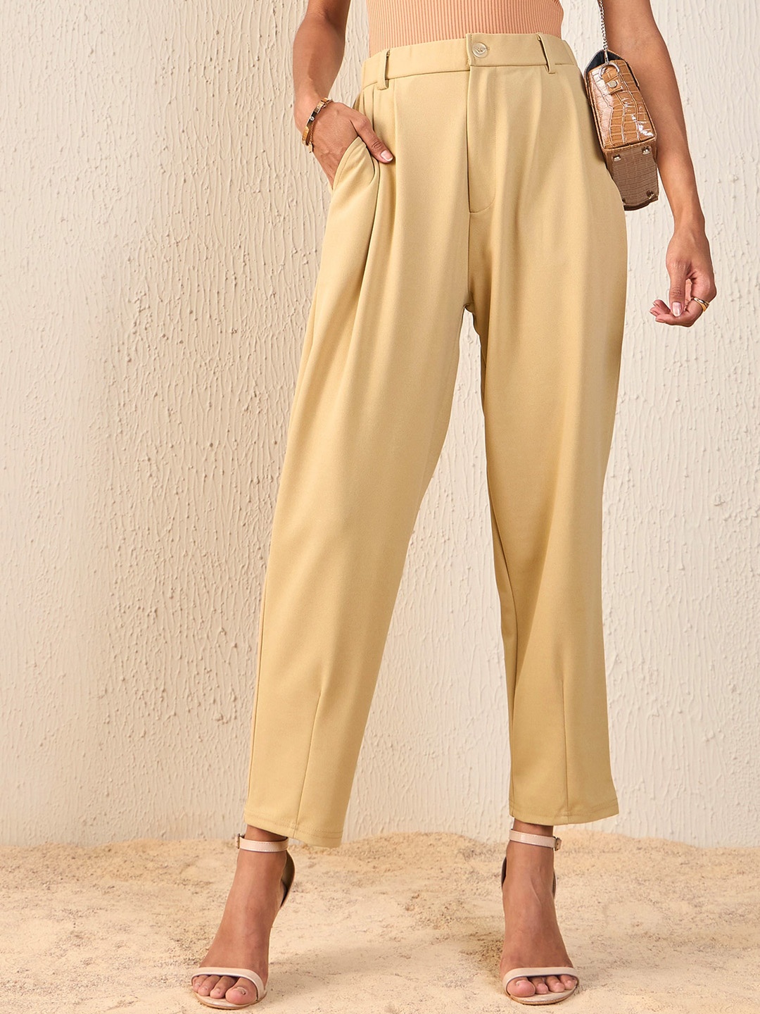

SASSAFRAS Women Beige Tapered Fit High-Rise Peg Trousers
