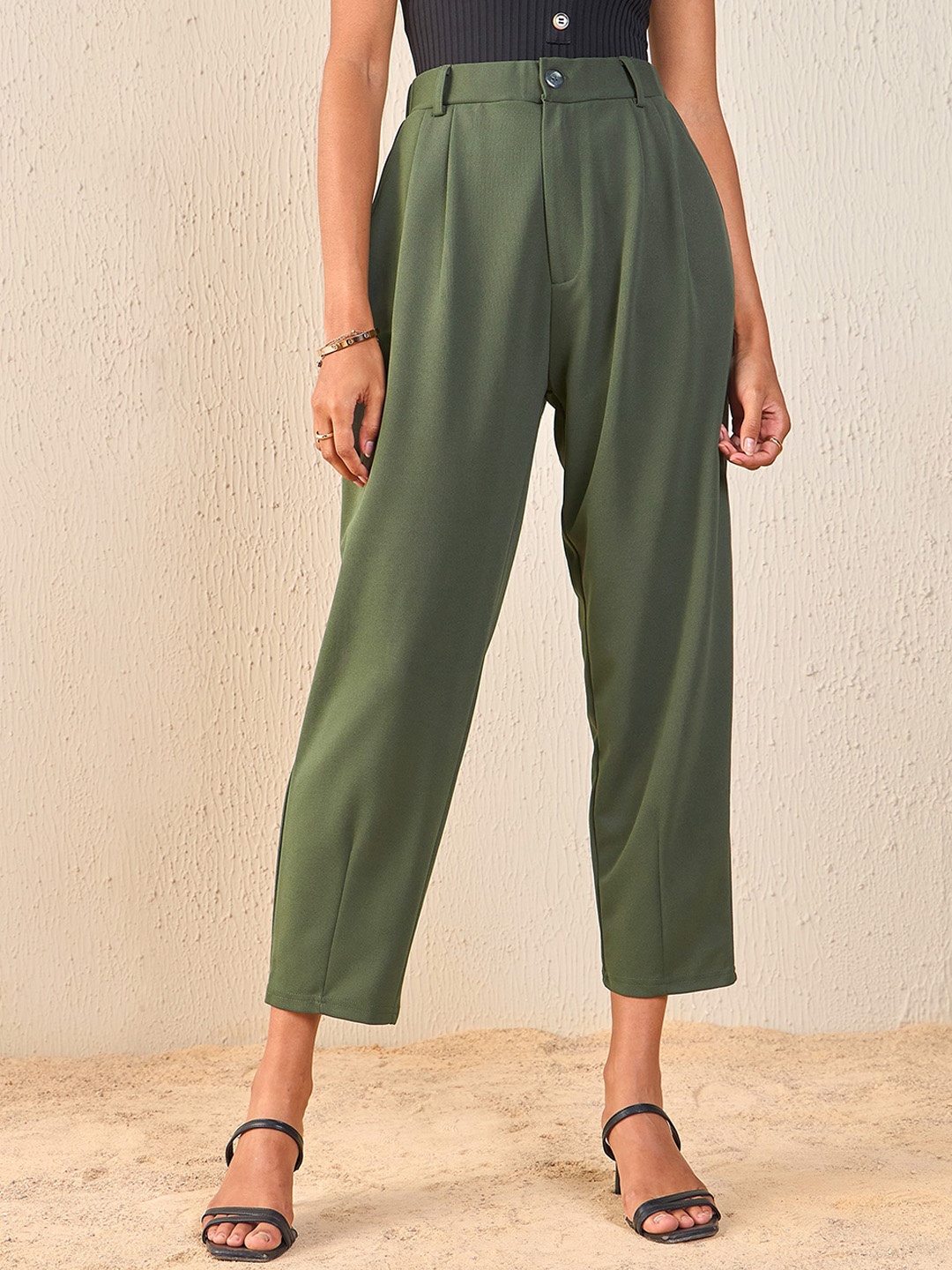 

SASSAFRAS Women Olive Green Tapered Fit High-Rise Peg Trousers