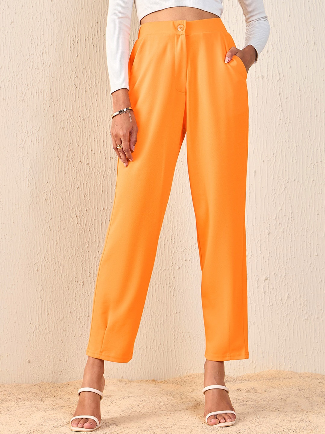 

SASSAFRAS Women Orange Tapered Fit High-Rise Trousers