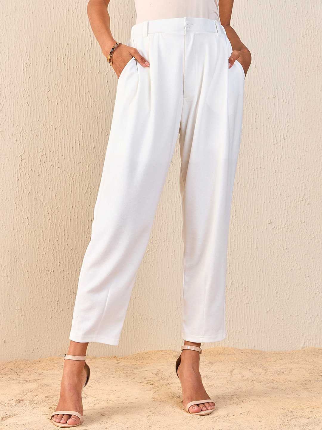 

SASSAFRAS Women White Tapered Fit High-Rise Peg Trousers