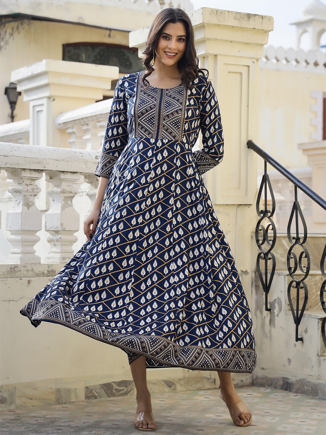 

mokshi Ethnic Motifs Print A-Line Maxi Dress, Blue