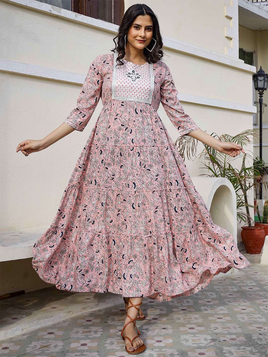 

mokshi Floral Printed Sequinned Round Neck Fit & Flare Maxi Dress, Peach