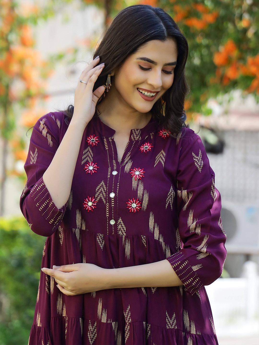 

mokshi Floral Printed Mirror Worked Maxi Dress, Magenta