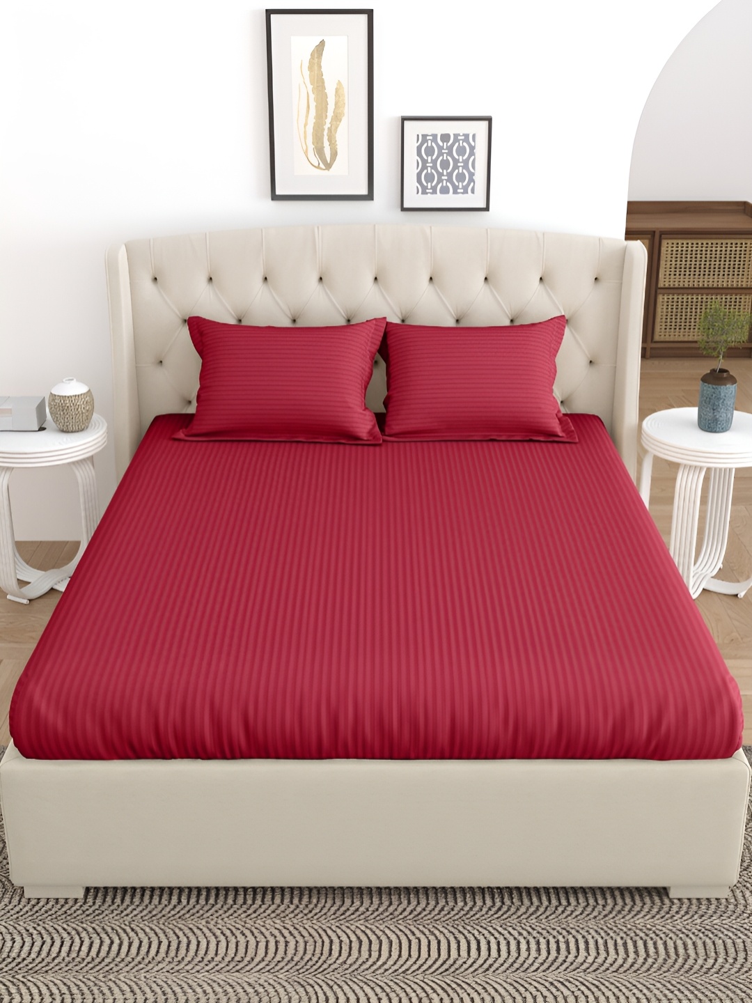 

Salona Bichona Maroon Striped Printed 180 TC King Bedsheet With 2 Pillow Covers