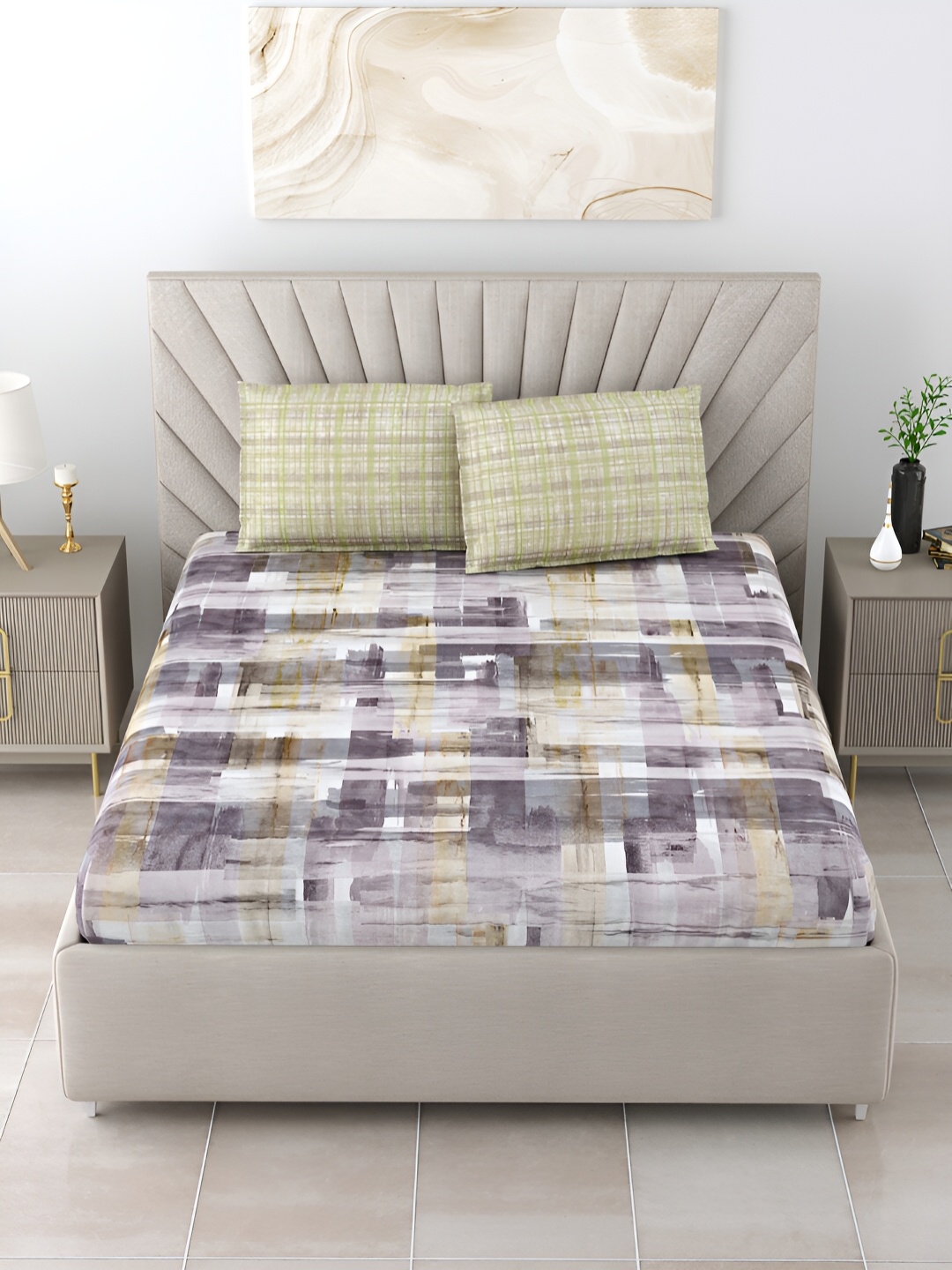 

Salona Bichona Blue & Brown Cotton 300 TC King Bedsheet with 2 Pillow Covers