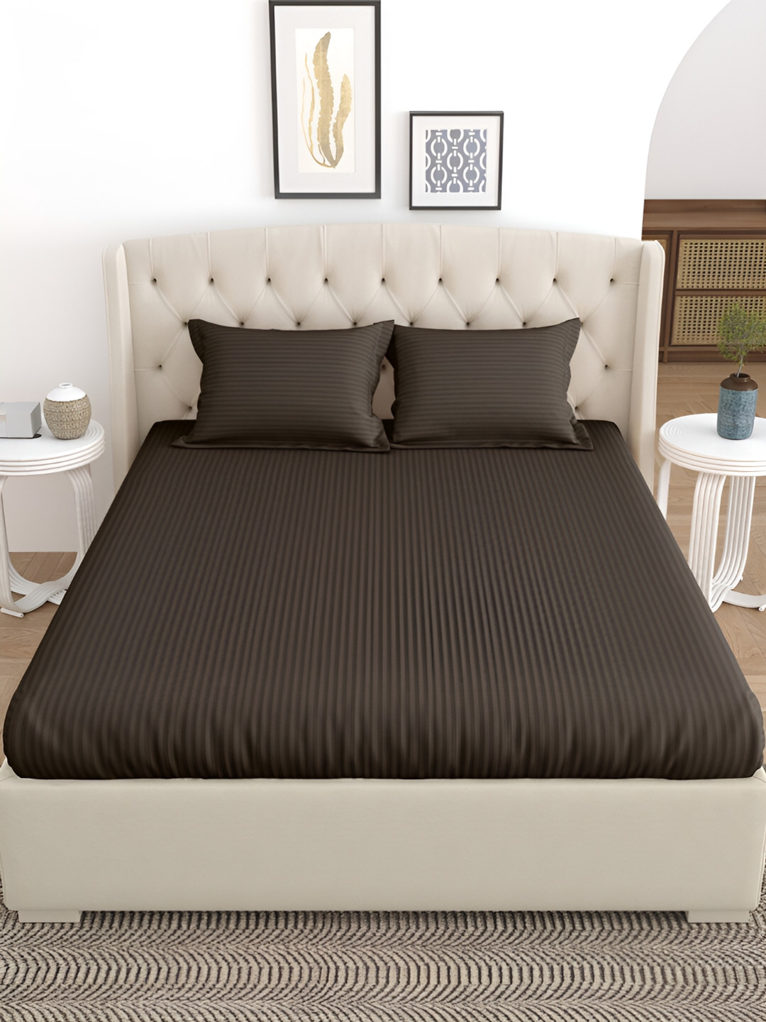 

Salona Bichona Black Striped 180 TC King Bedsheet with 2 Pillow Covers