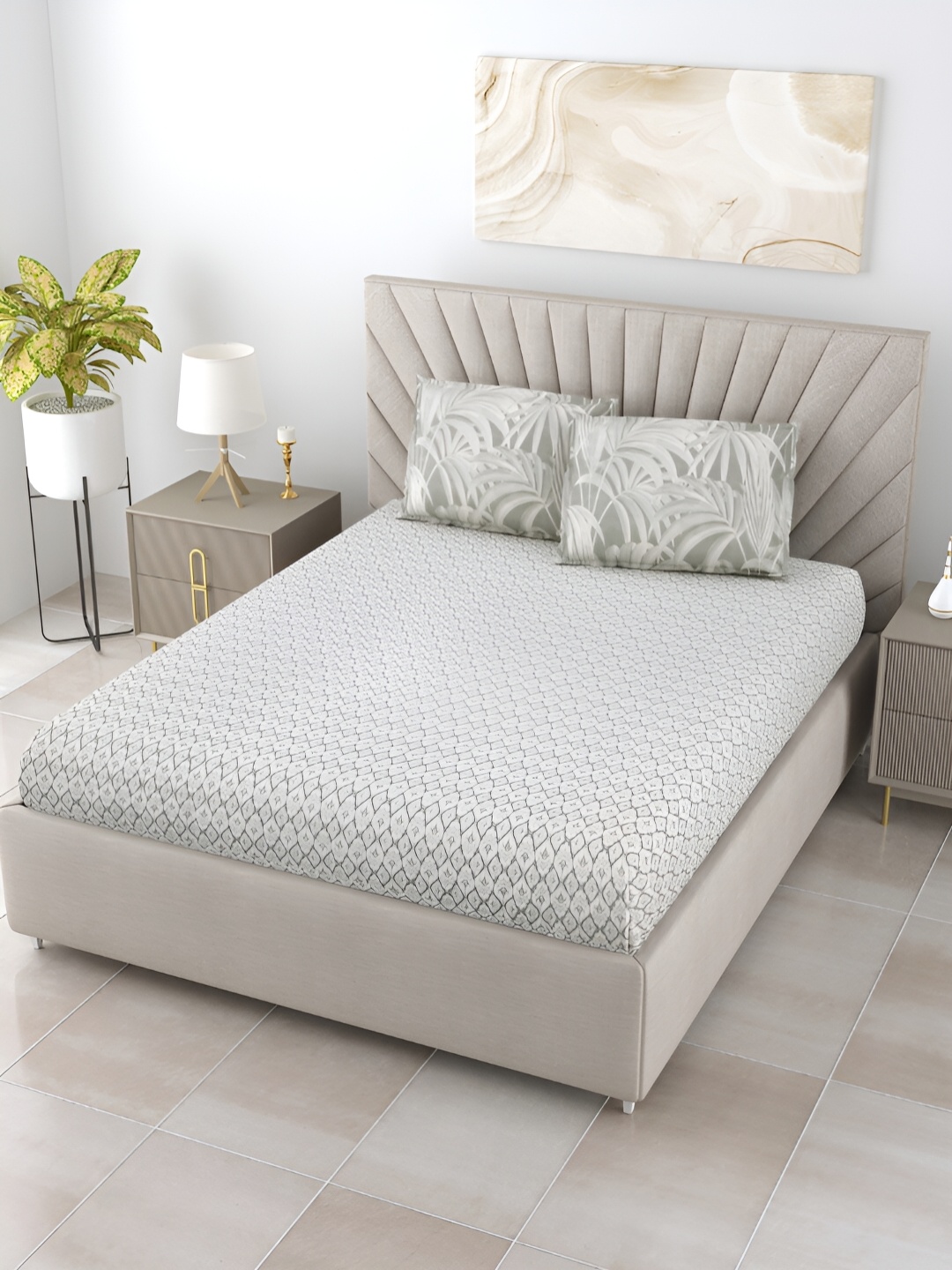 

Salona Bichona Grey & White Ethnic Motifs 160 TC King Bedsheet with 2 Pillow Covers